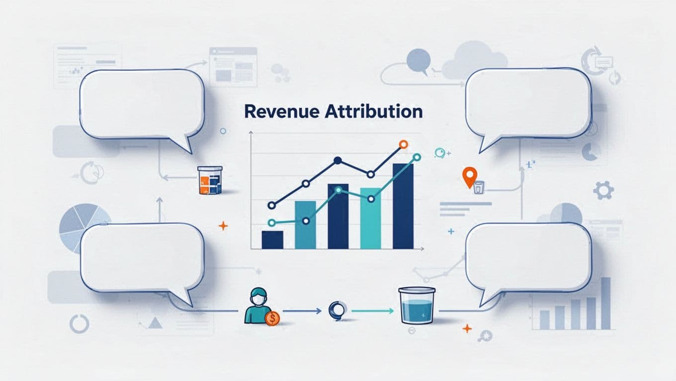 A central revenue chart surrounded by four blank speech bubbles and CRM pathway shapes.