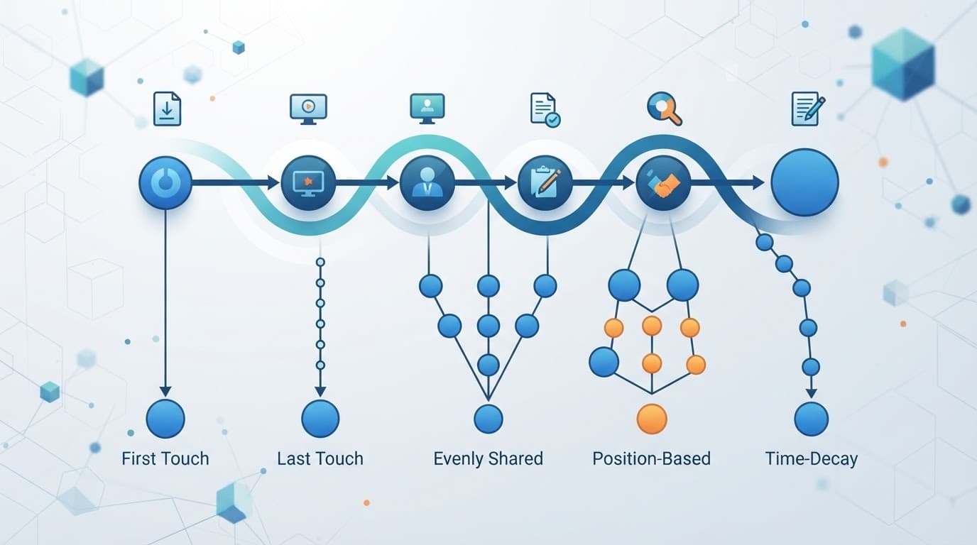 A central customer journey branches into five colored attribution paths.