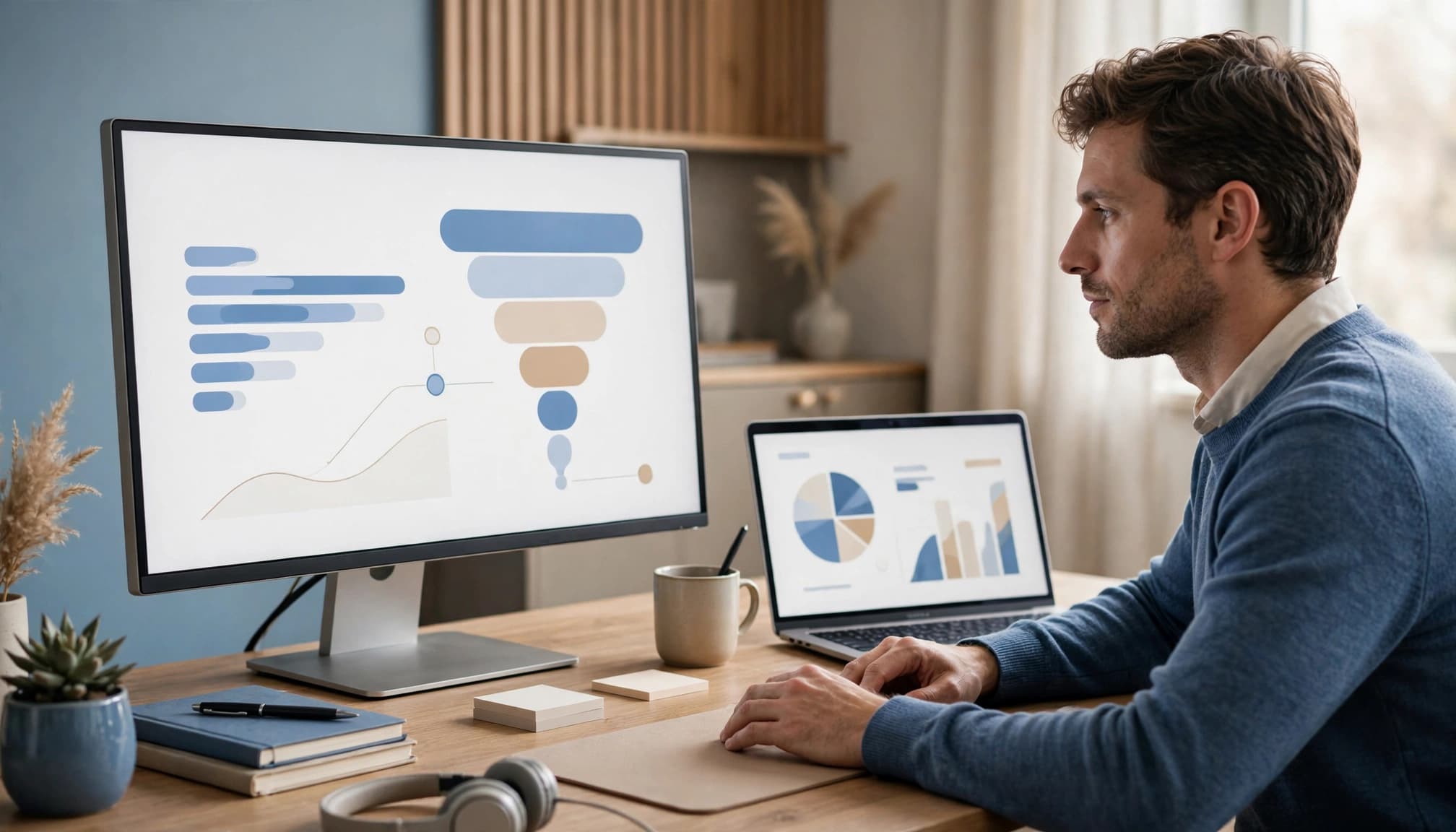 A professional reviews pipeline charts on a monitor beside a laptop.