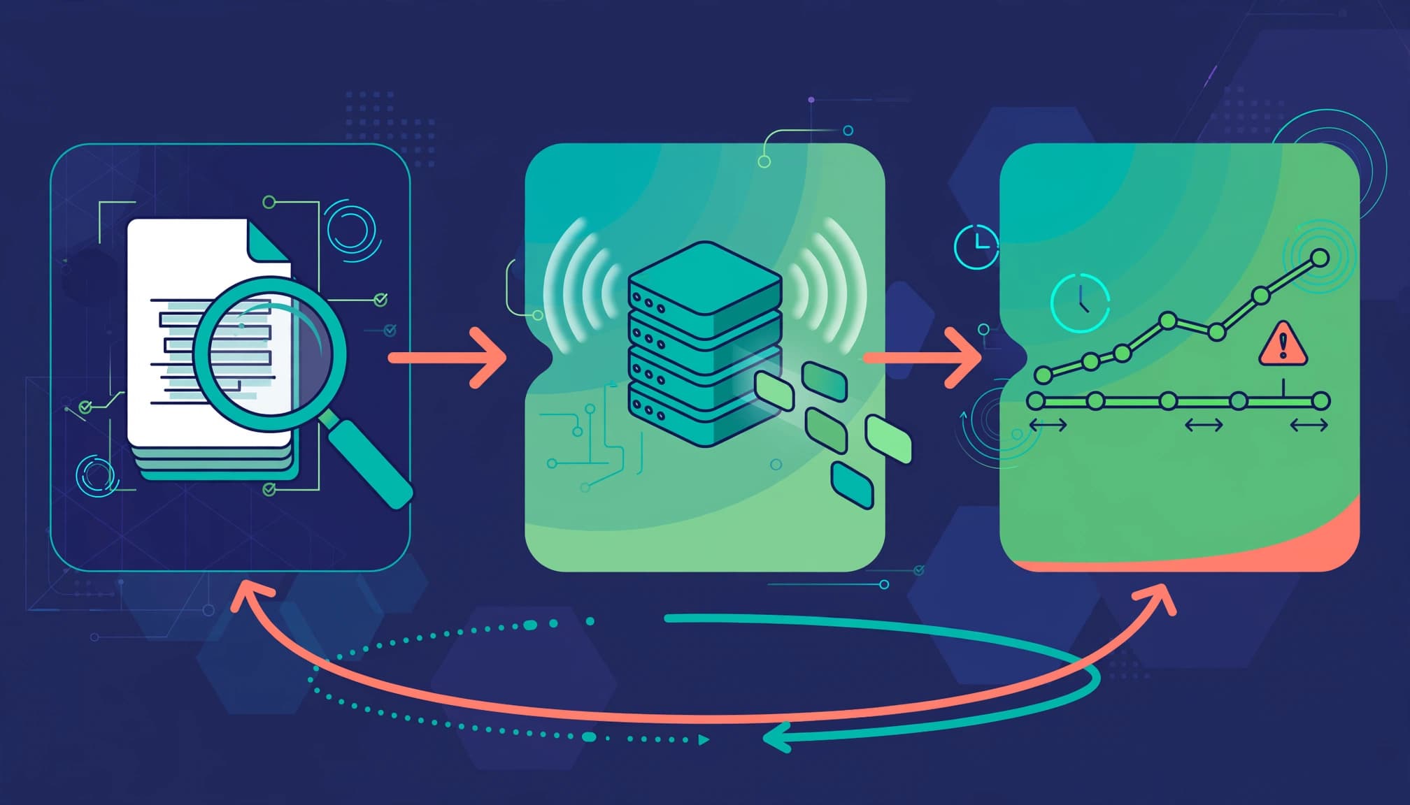 A browser test connects to a server response and ongoing monitoring timeline.