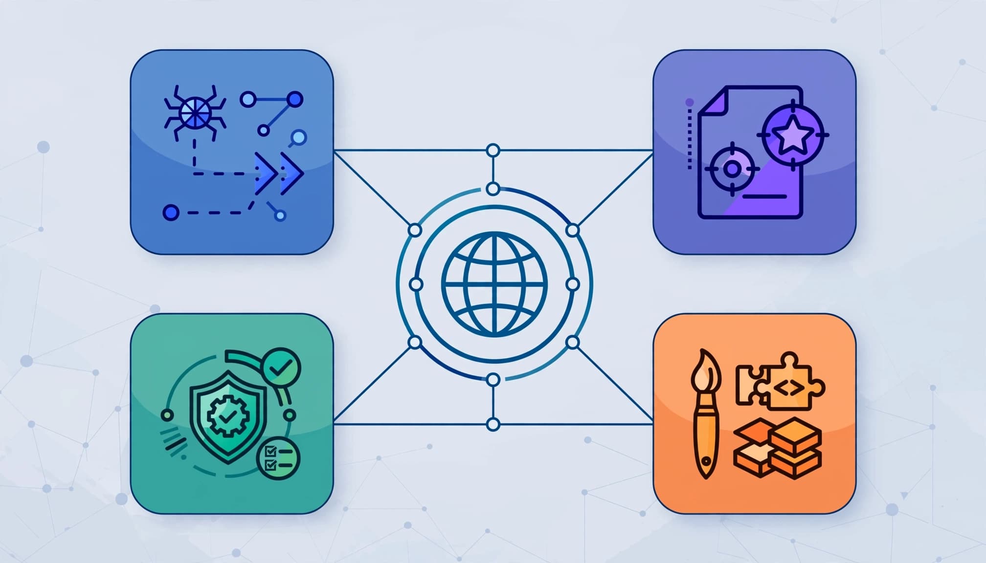 Four connected icons show key robots.txt audit priorities around a website symbol.