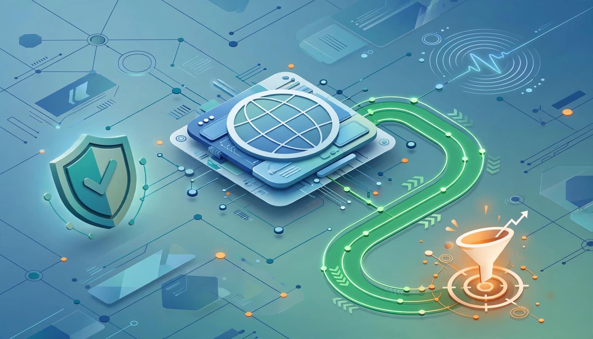 Website architecture with an open green path, conversion symbol, and audit shield.