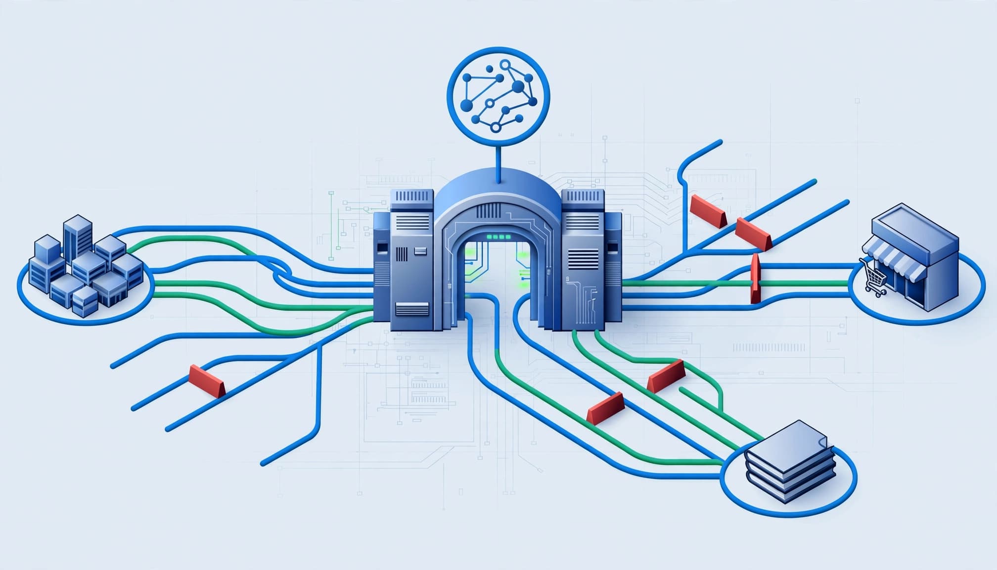 A central website gateway directs allowed and restricted routes to three subdomains.