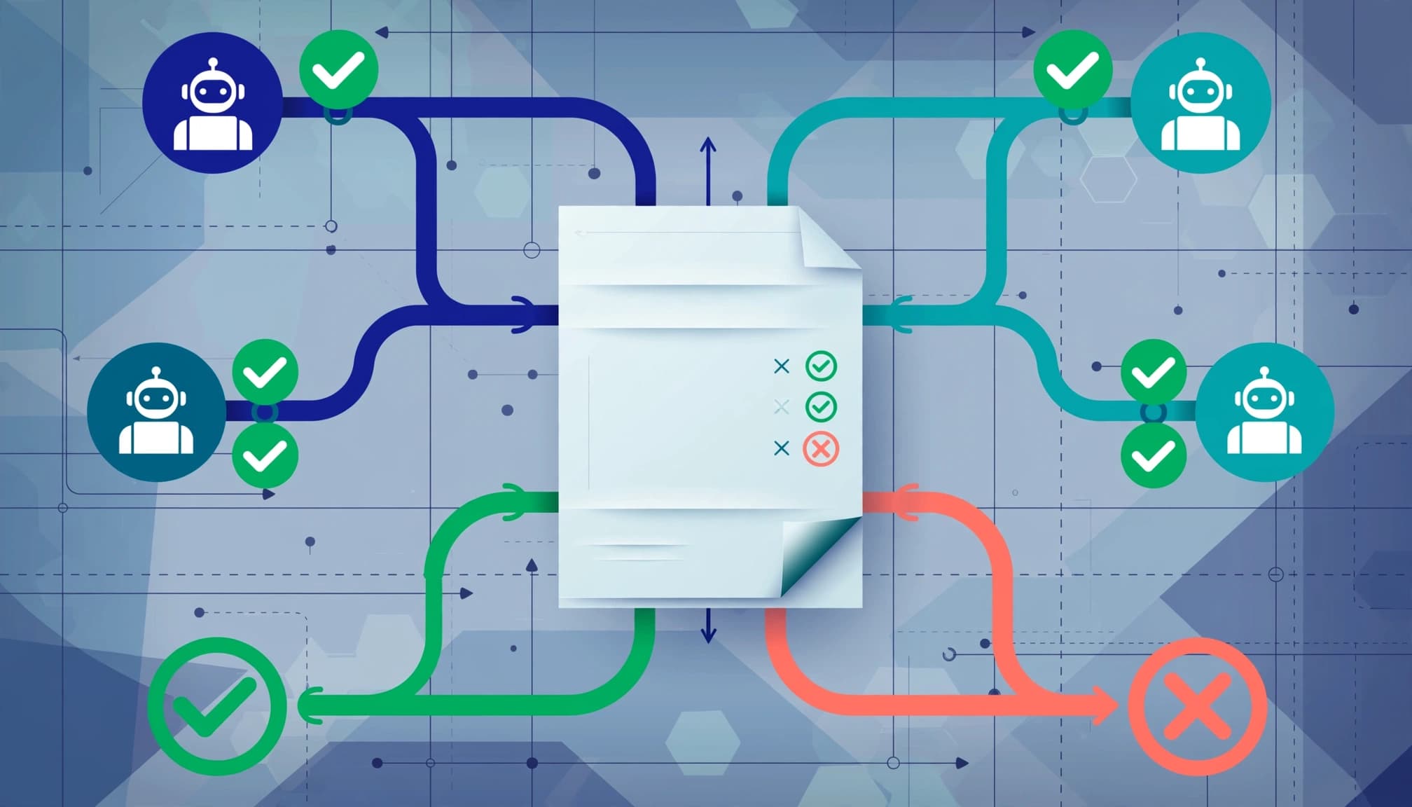 A document with branching colored paths and check marks for validating crawler rules.
