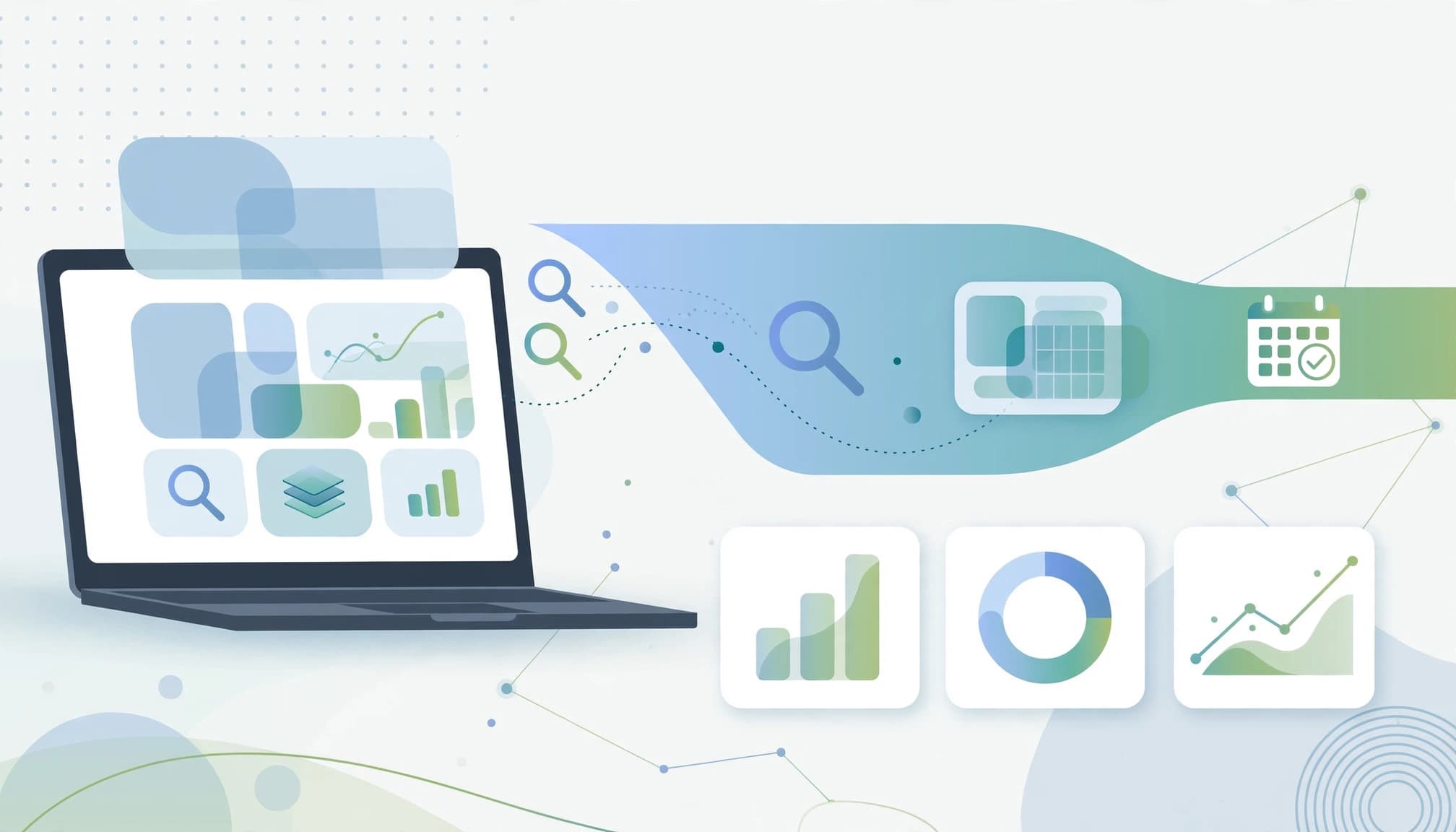 Laptop and analytics cards show search traffic flowing into a demo request funnel.