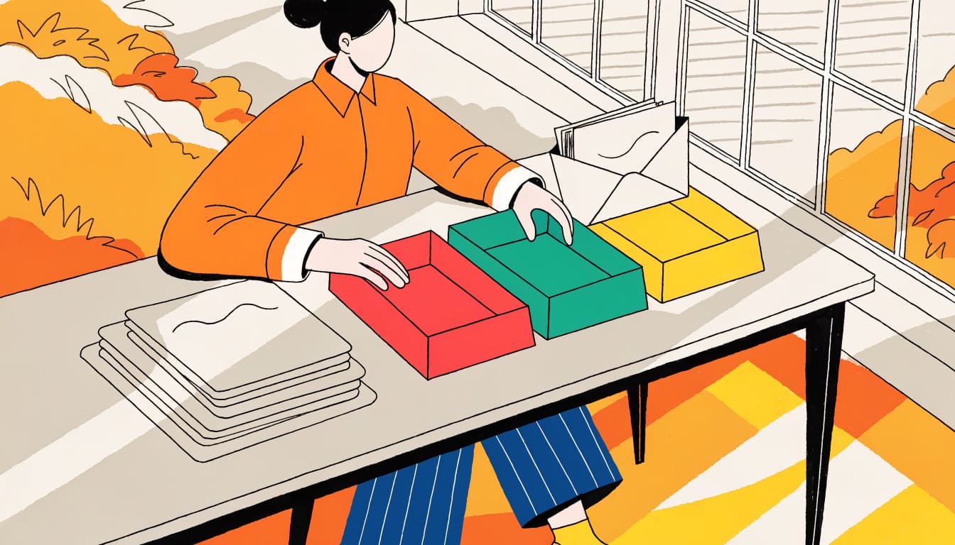 A sales manager sorts three folders into colored trays on a desk.