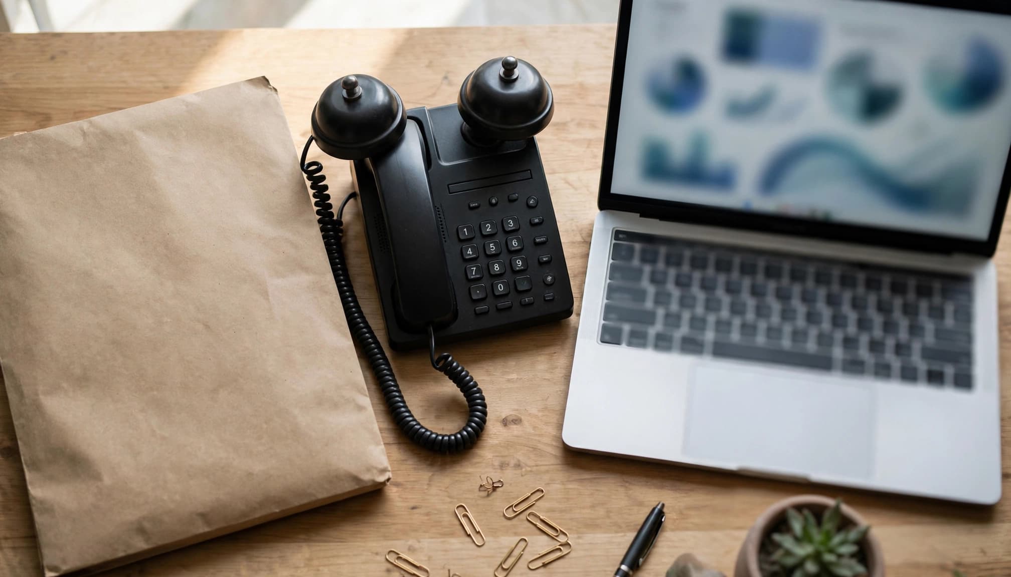 A paper folder sits beside a ringing phone and an open laptop on an empty desk.