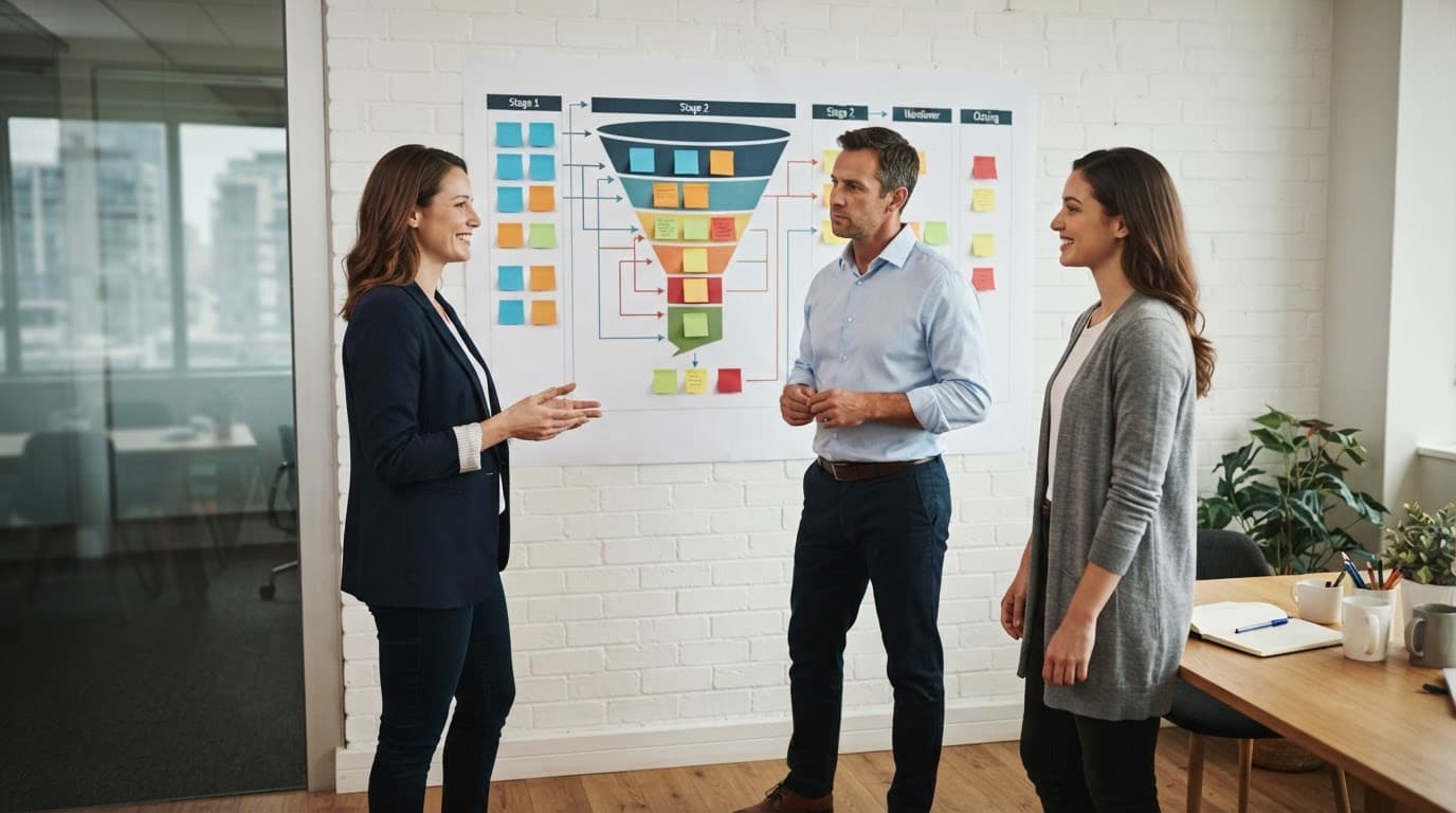 Three coworkers review a colorful funnel diagram on a meeting room wall.