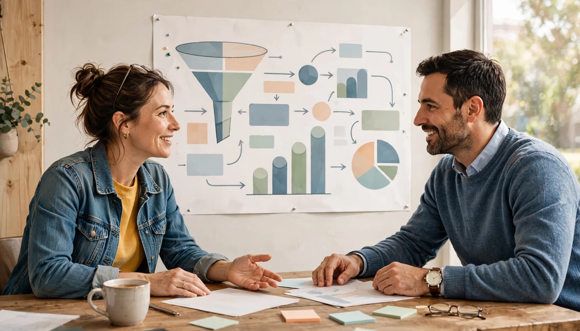 A business owner and marketing consultant review a wall chart across a table.