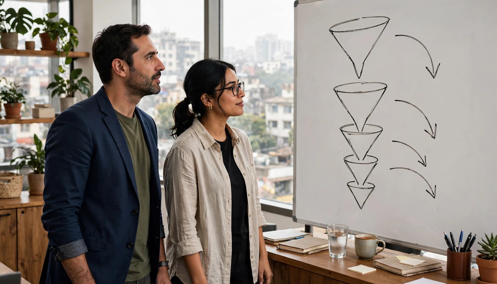 Two colleagues stand beside a whiteboard with abstract funnel shapes and arrows.
