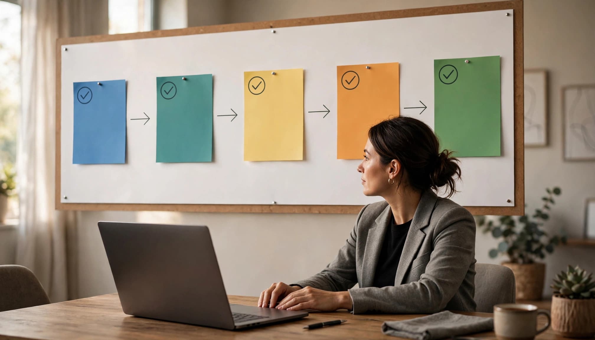 Manager reviewing colored sales pipeline stages beside a laptop.