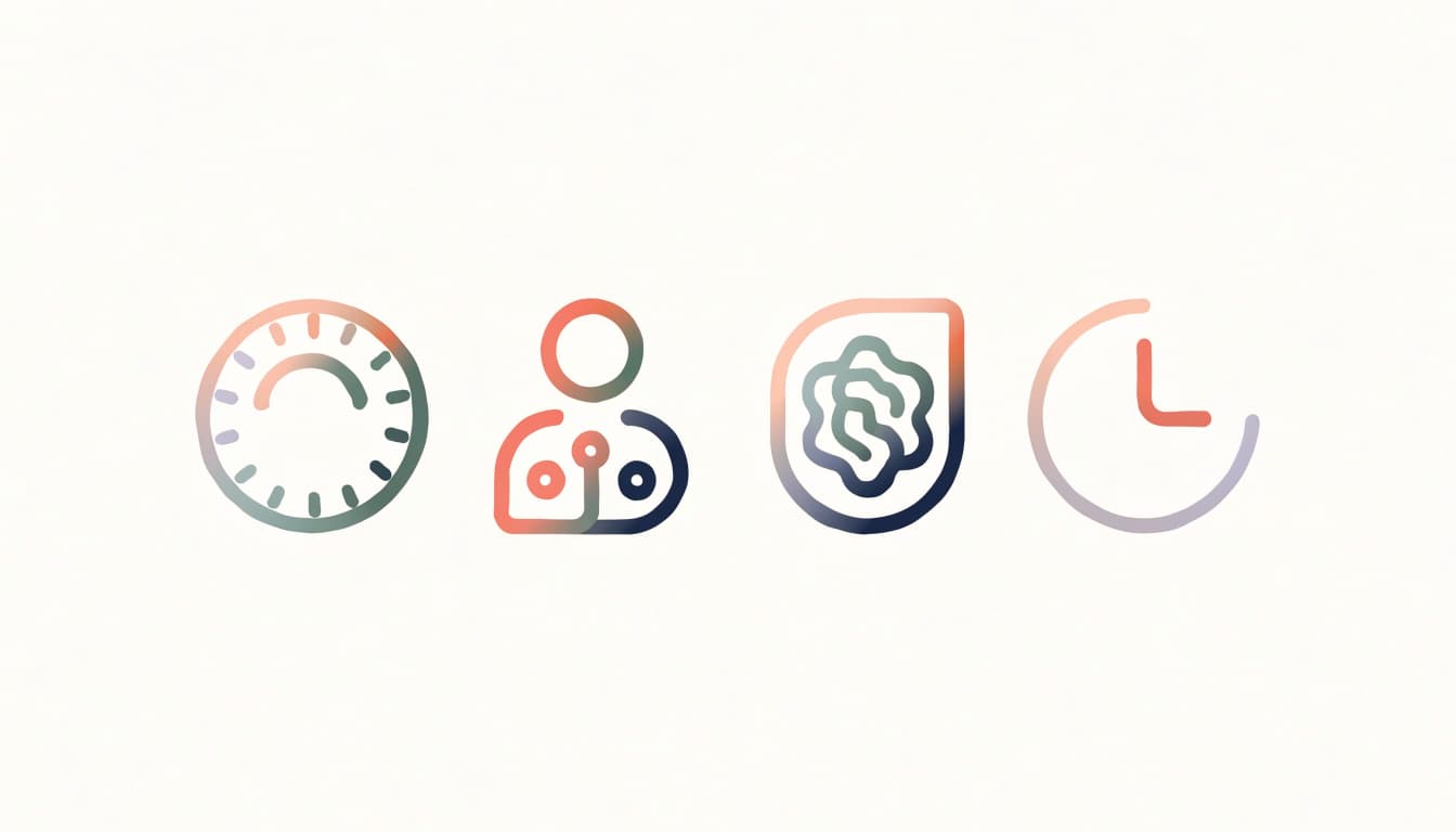 A calm-colored grid of four icons shows scoring, profiles, automation, and time.