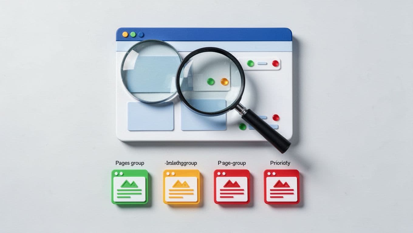 A magnifying glass reviews website status groups marked green, amber, and red.