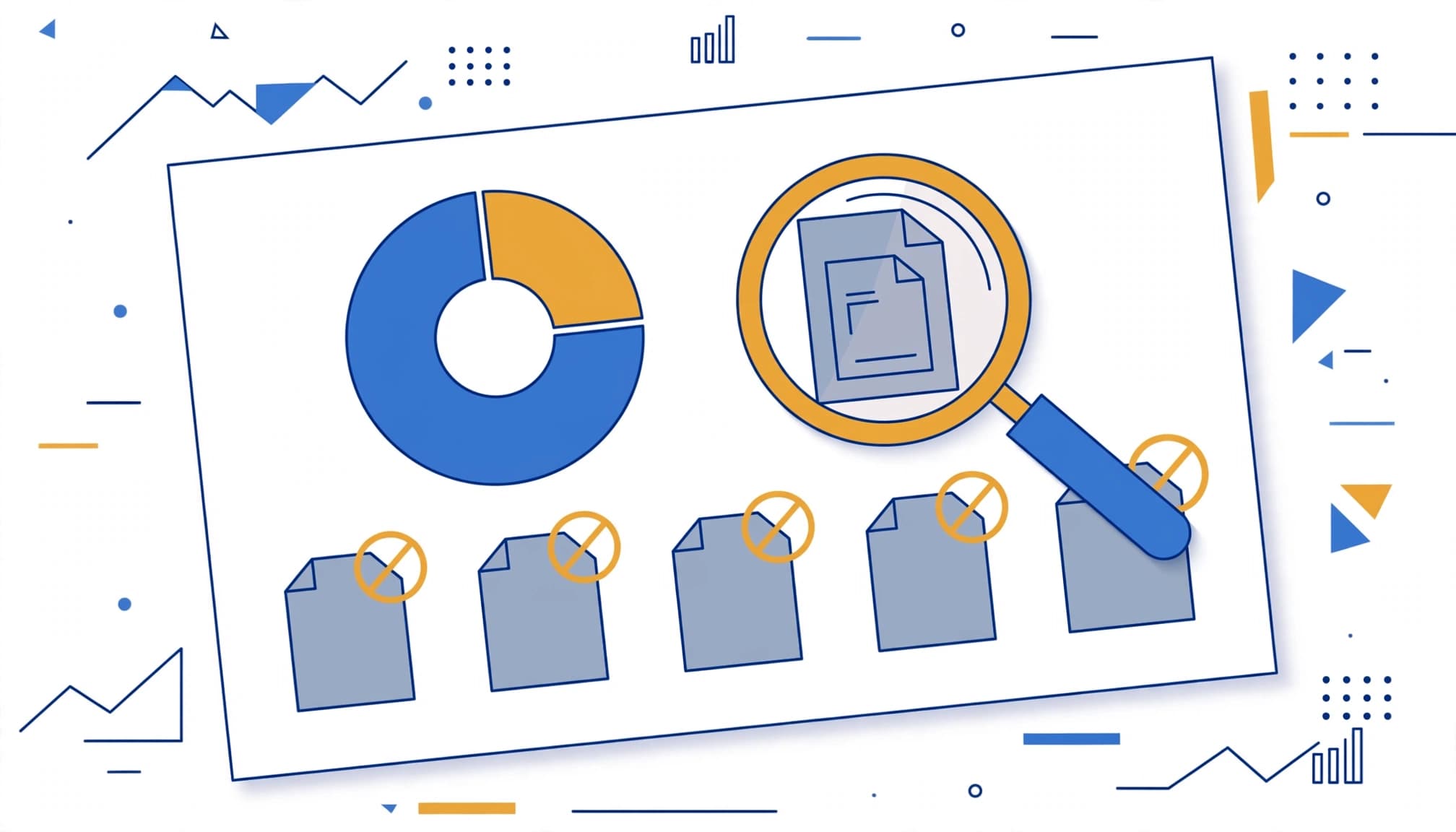A dashboard card shows a coverage chart, excluded page icons, and a magnifying glass over one page.