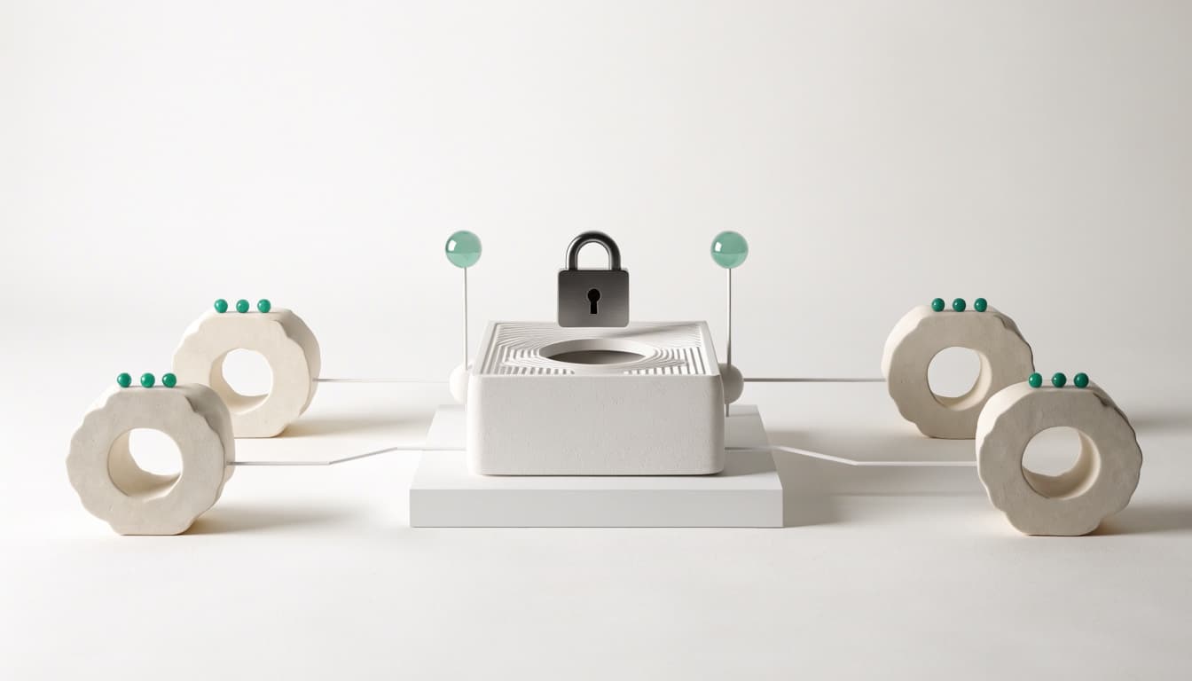 Ceramic source modules connect to a locked central hub beside balanced tokens.
