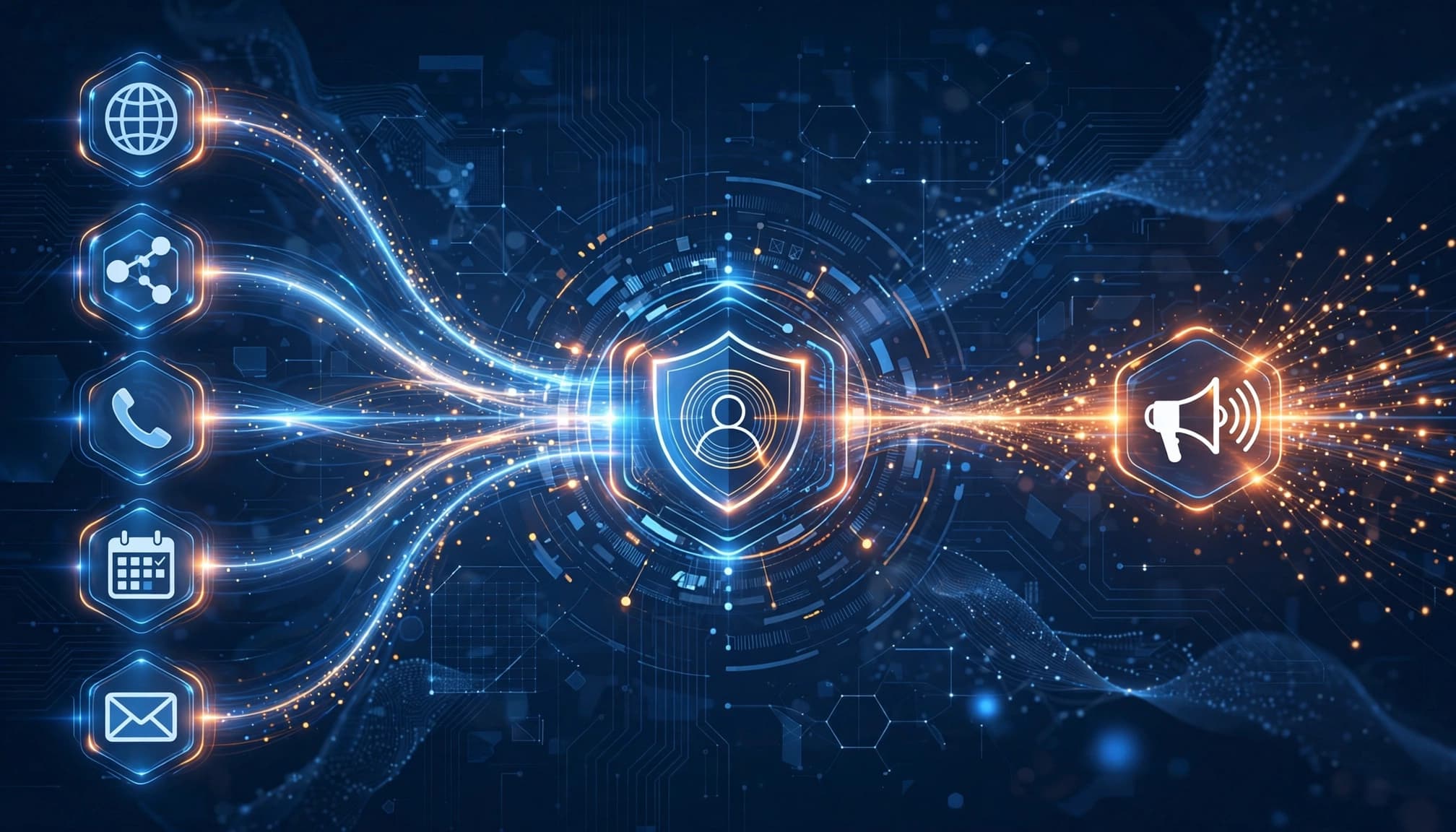 Data streams from business tools merge into a secure profile and campaign channel.