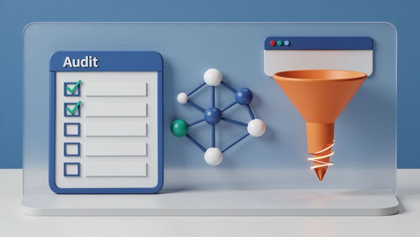 Checklist, website graph, and lead funnel arranged in a blue SEO dashboard.