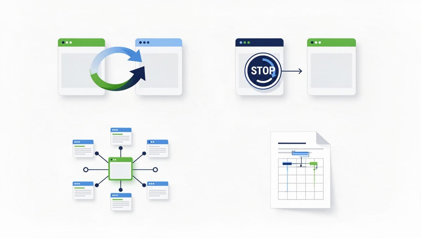 Four panels illustrate redirects, noindex, internal links, and an XML sitemap.