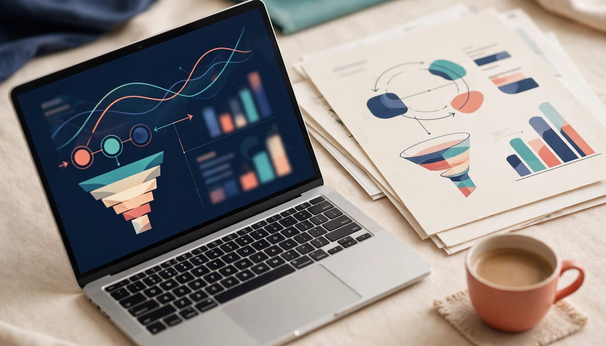 Laptop showing connected marketing metrics beside charts and a coffee cup.
