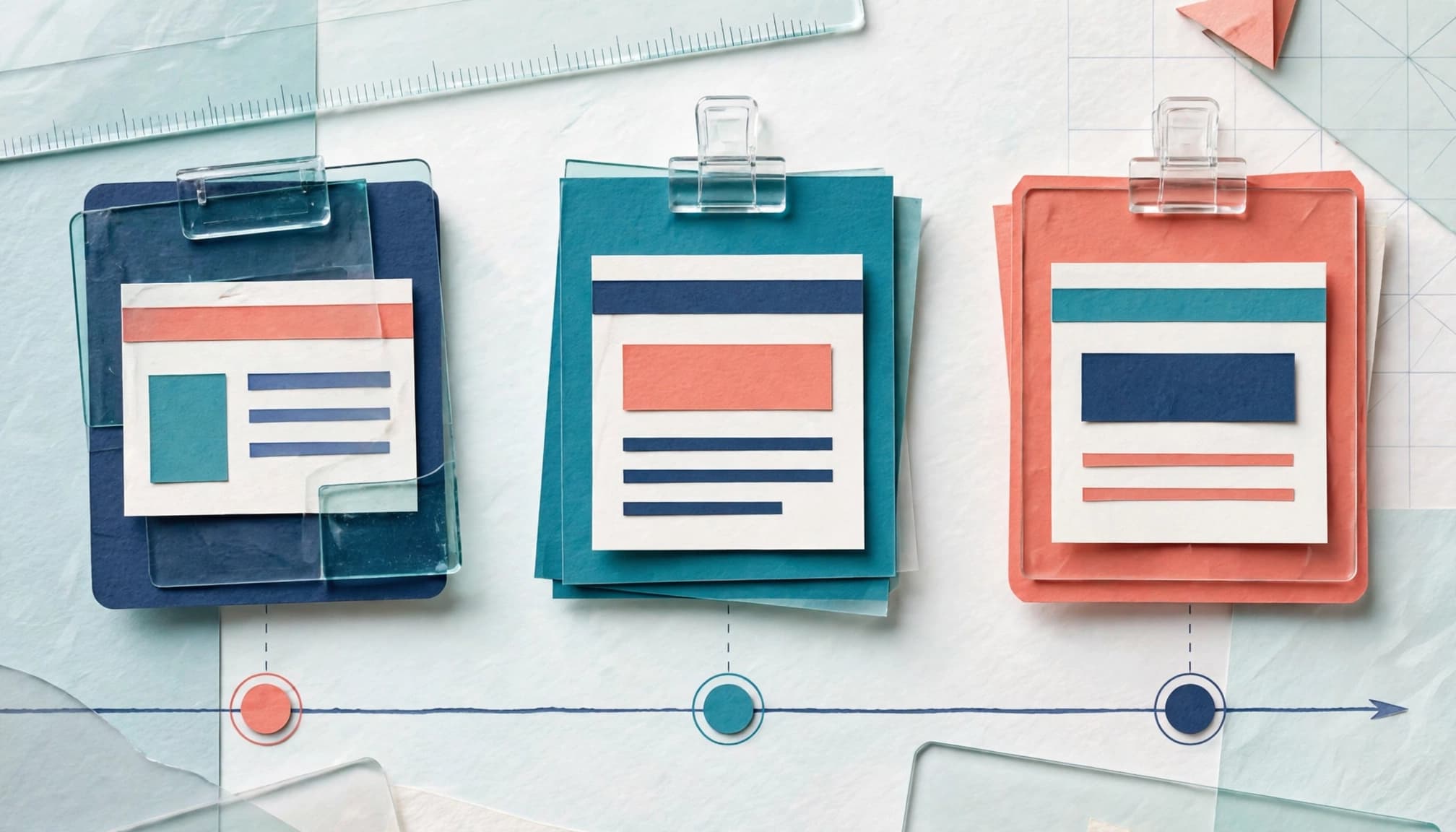 Three colorful experiment cards arranged in sequence along a horizontal timeline.