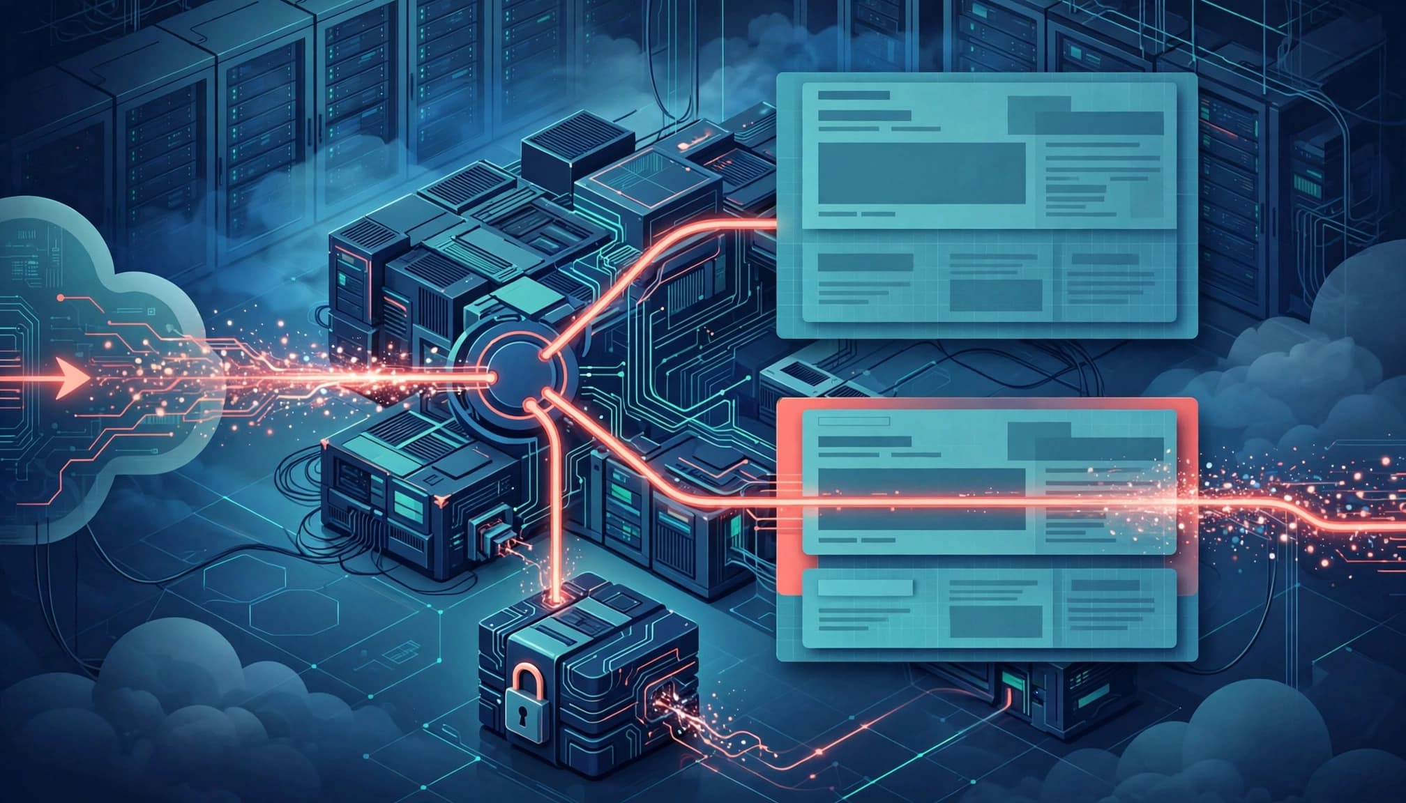 A glowing request branches through servers toward one of two identical page layouts.