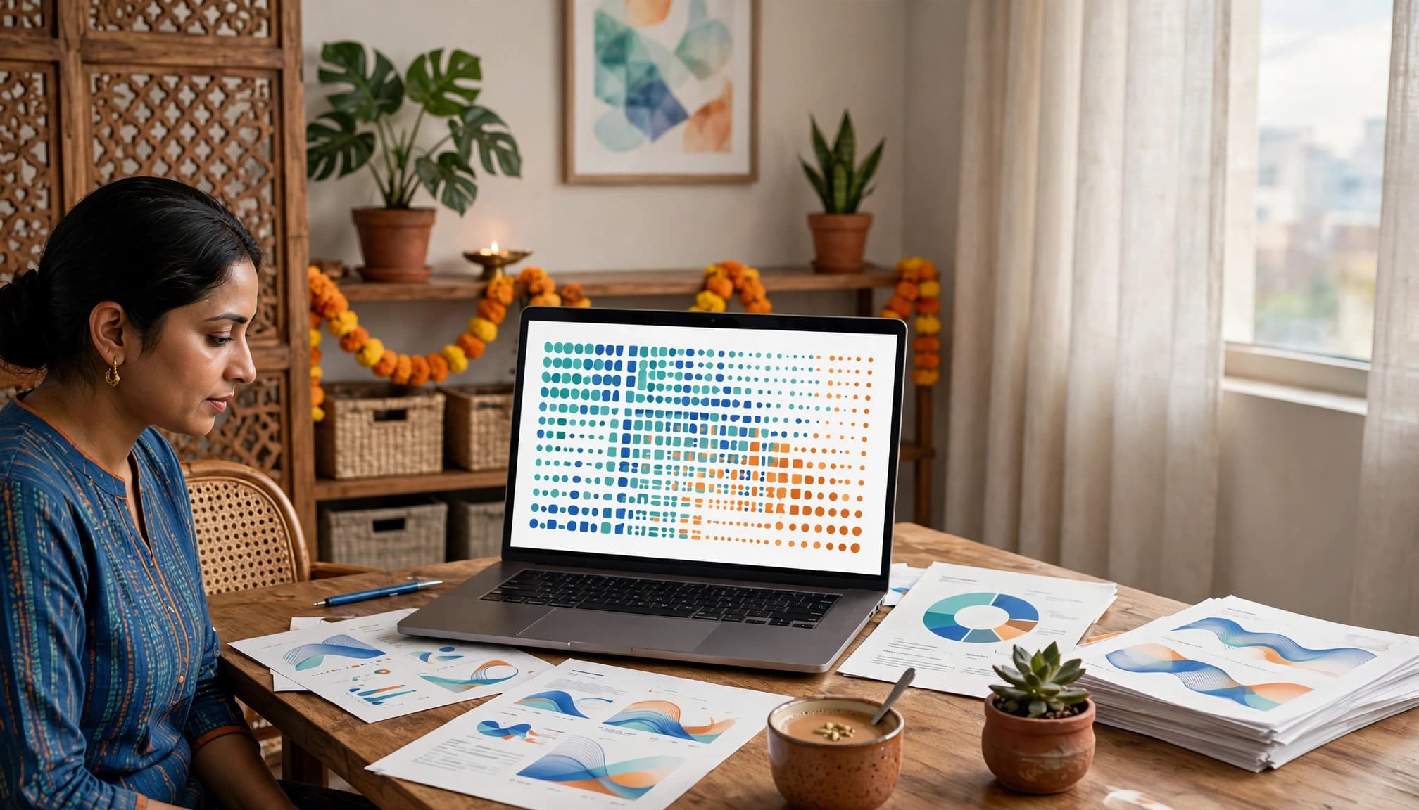 A person reviews a cohort dashboard on a laptop beside printed reports and a budget chart.