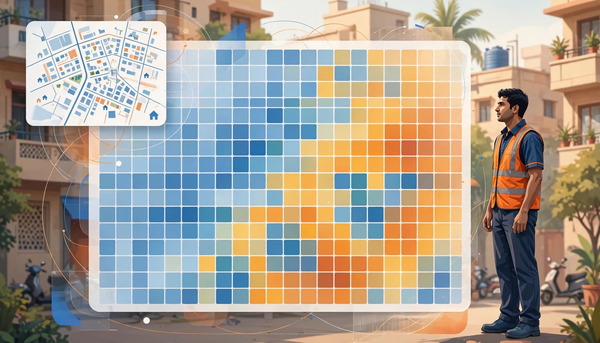 A technician stands beside a cohort chart and neighborhood service map.