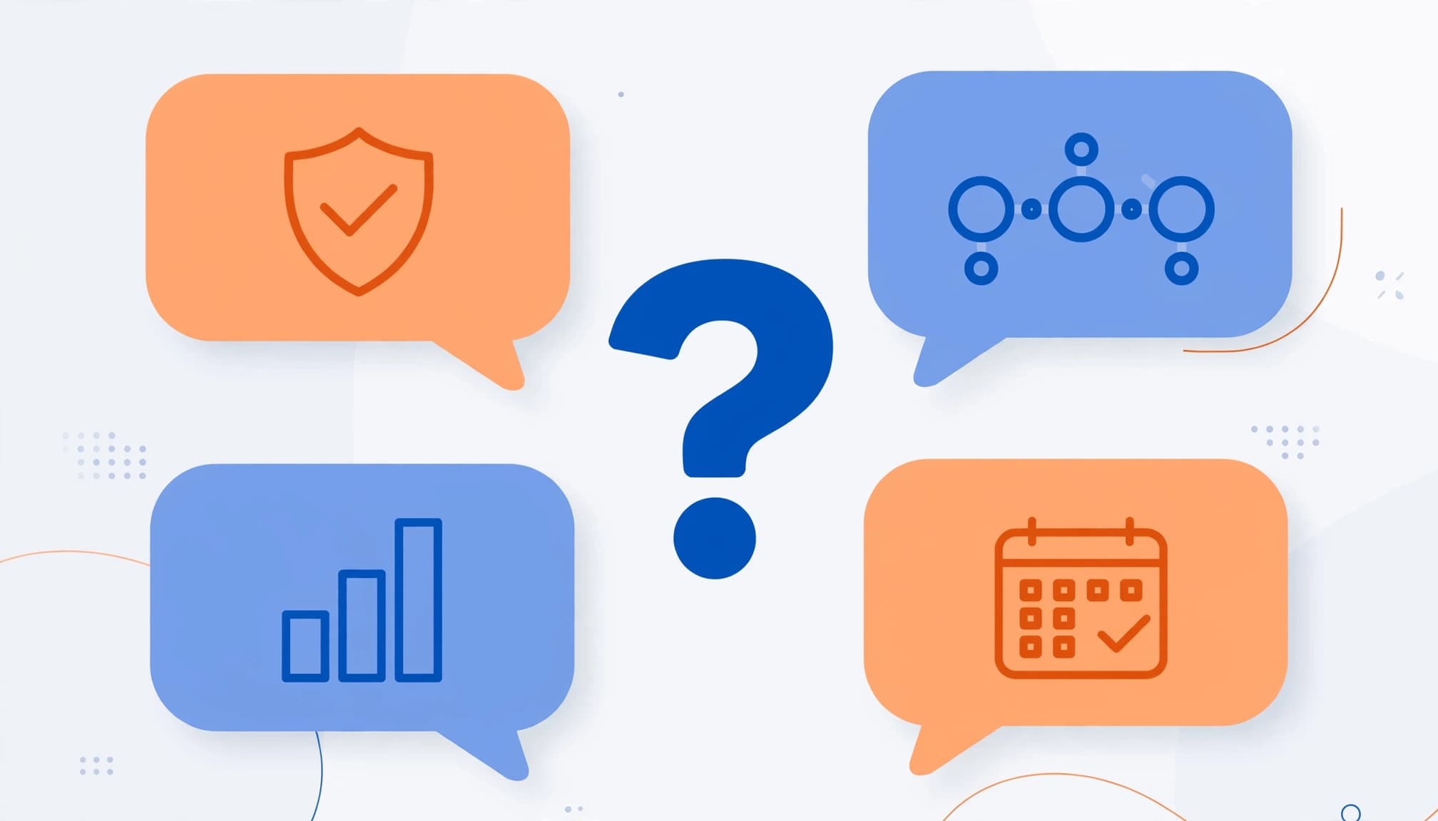 A central question mark surrounded by four service icons on a pale background.