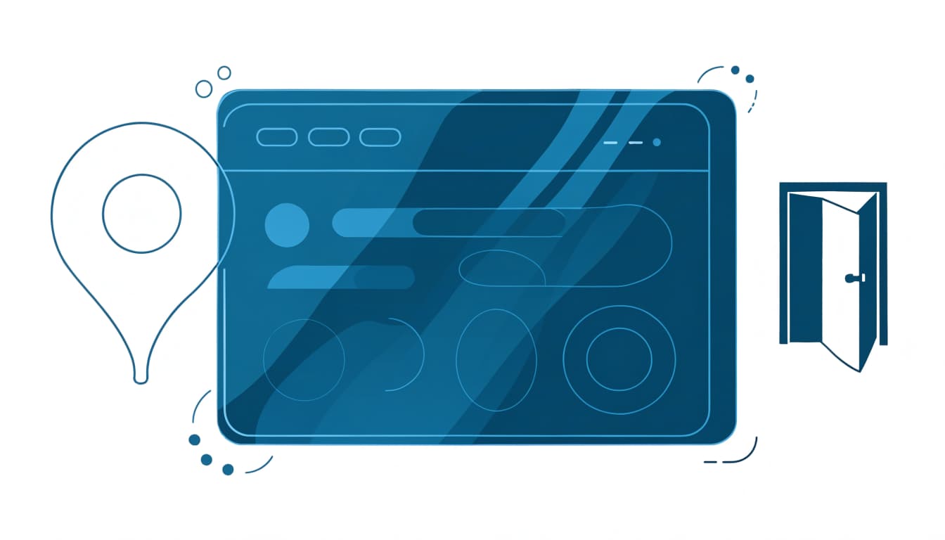 A browser-style page card with a map pin and open doorway icon.