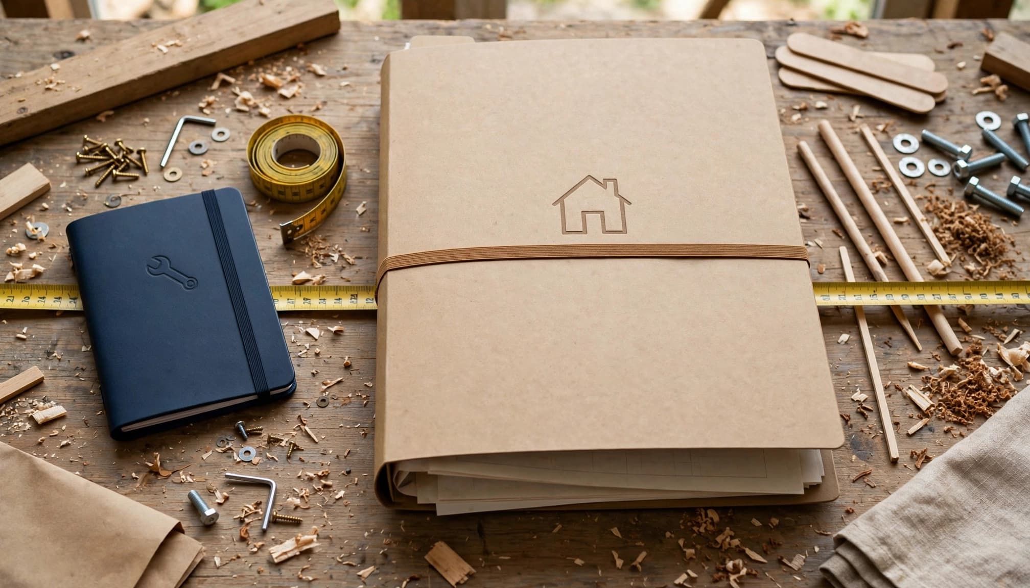 A small repair folder and a larger renovation folder sit beside a measuring tape.