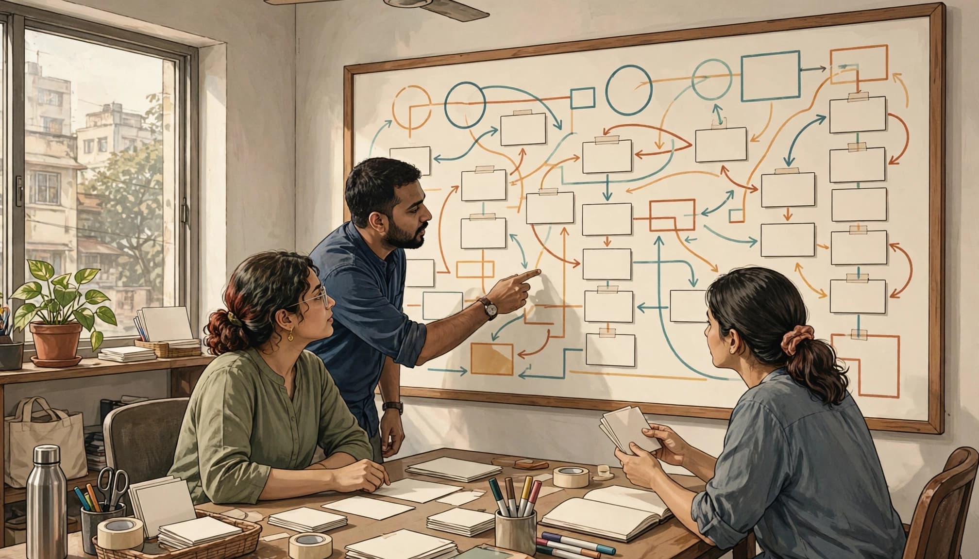 Three coworkers update a board with blank cards and colored arrows.