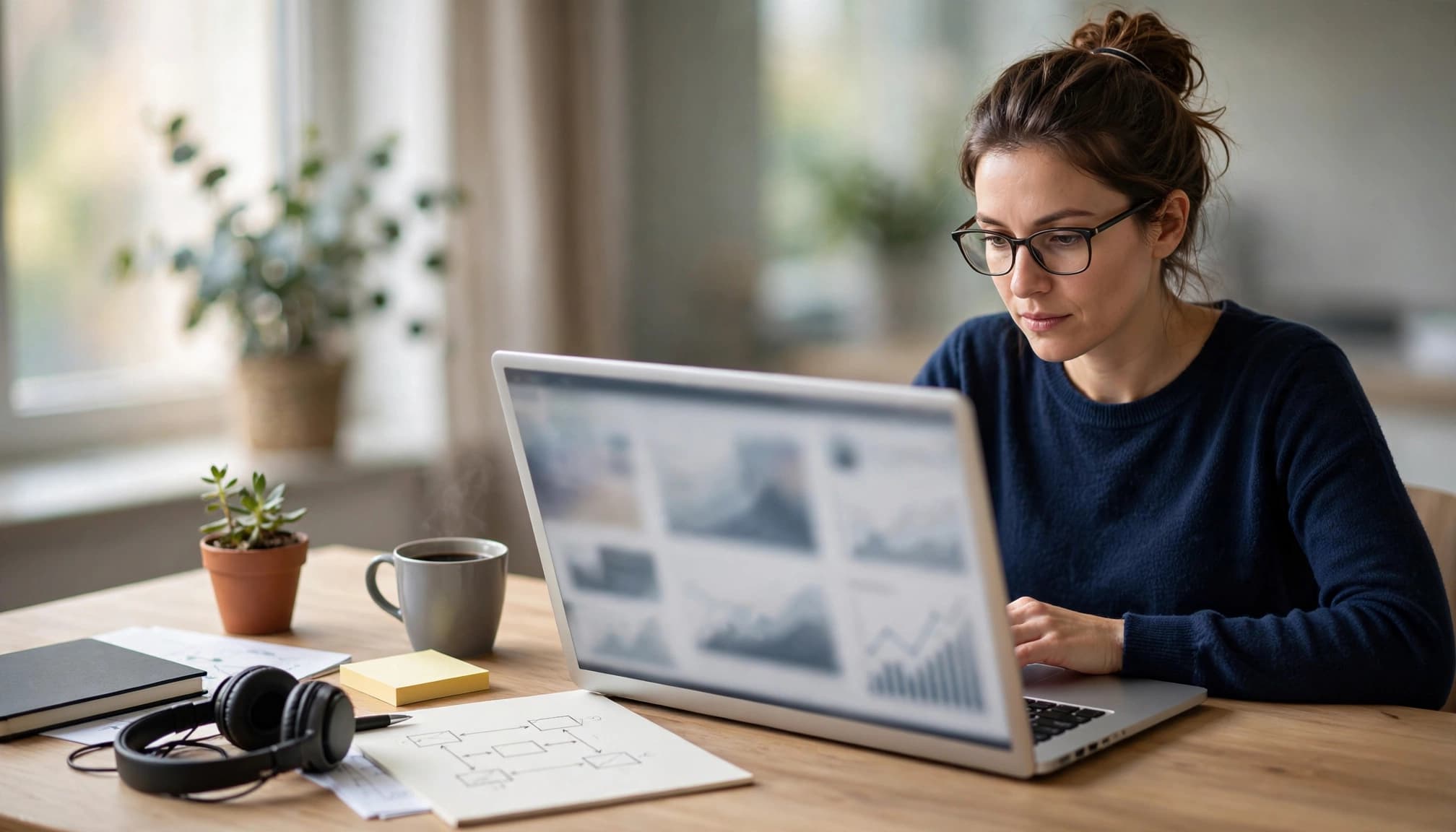 SEO developer reviewing a blurred laptop screen at a tidy desk.