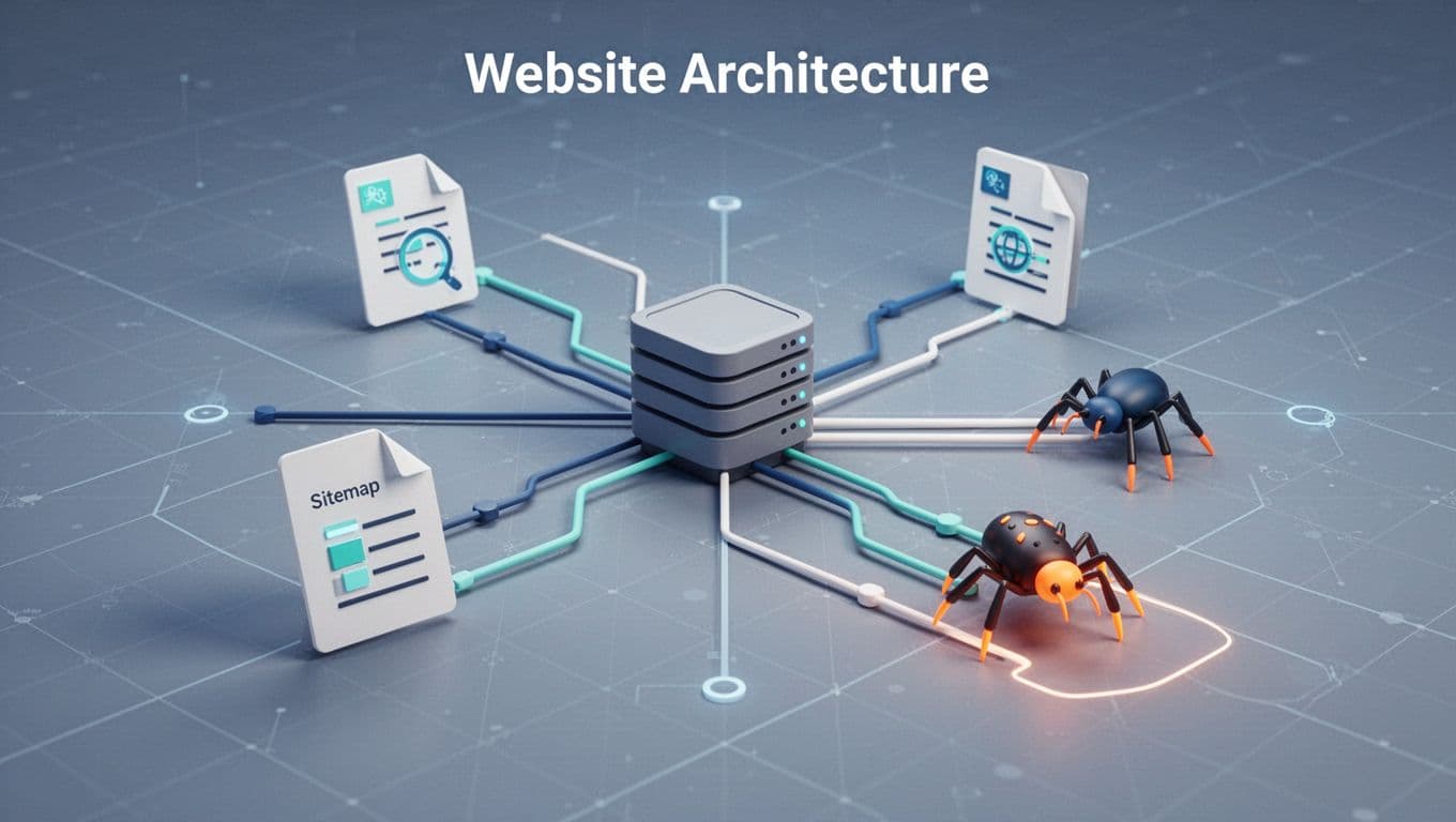 A crawler follows branching routes from a server toward a sitemap file.