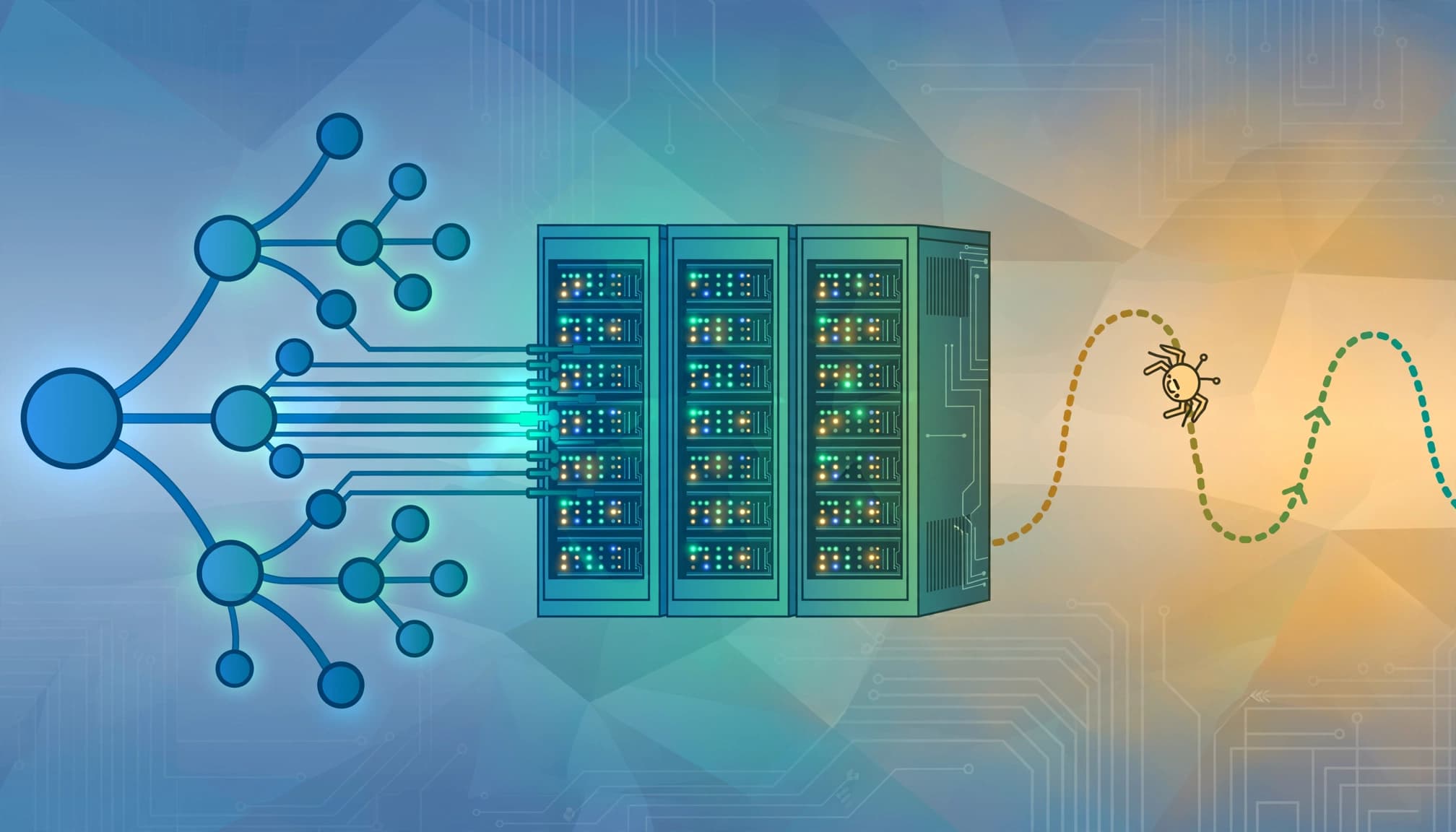 A sitemap network, server lights, and one crawler route in a blue and teal infographic.