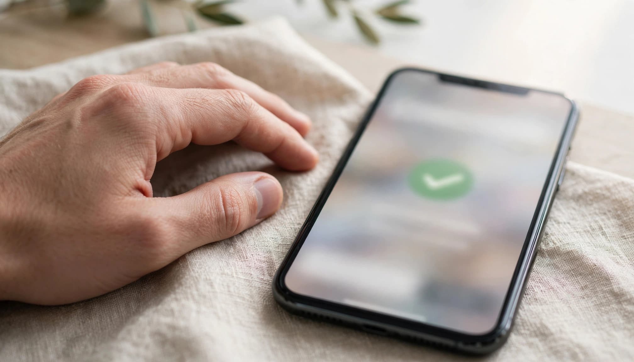 A hand rests beside a blurred contact form on a smartphone in soft daylight.