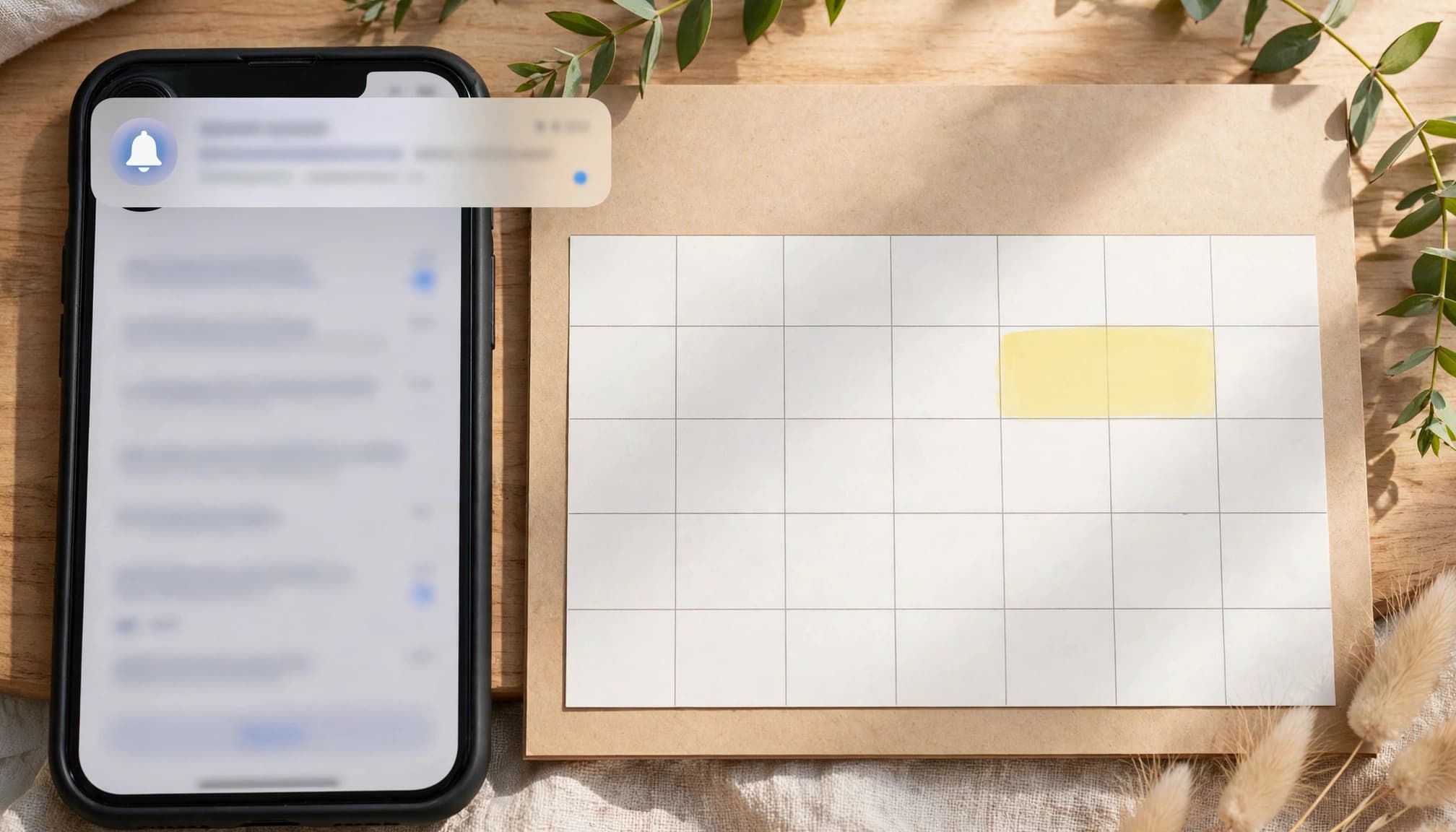A phone notification sits beside a calendar with an upcoming appointment.