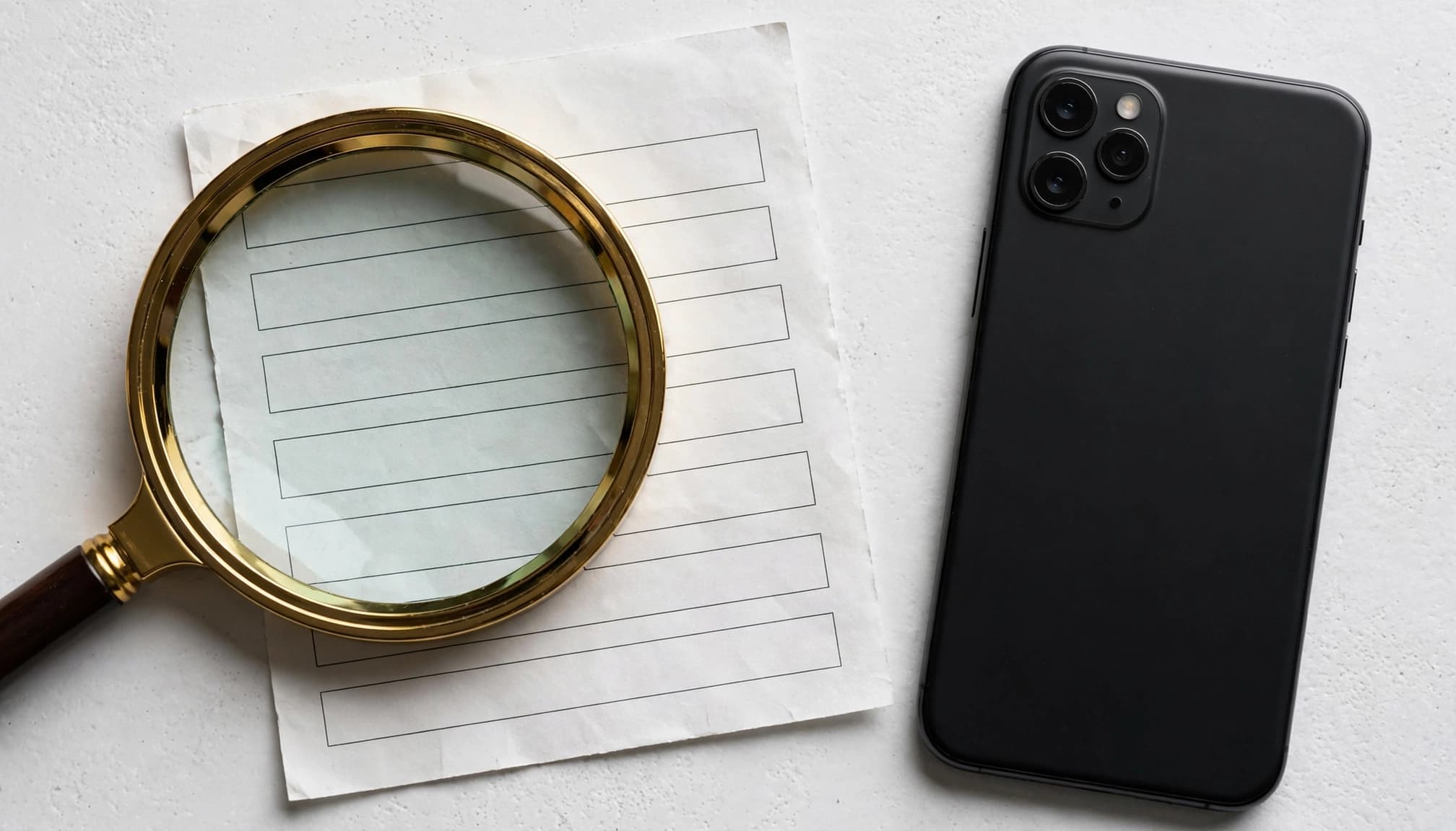 A magnifying glass inspects a blank paper form beside a smartphone.