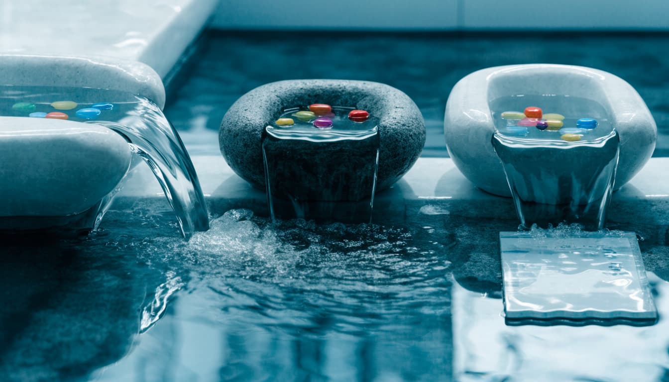 Colored tokens join clear water across three stone basins before reaching a profile tile.