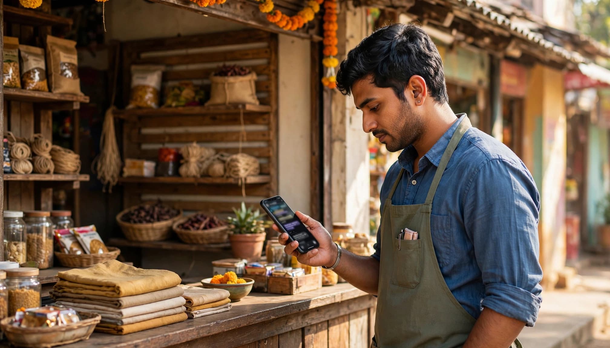A shop worker checks a phone beside the counter.
