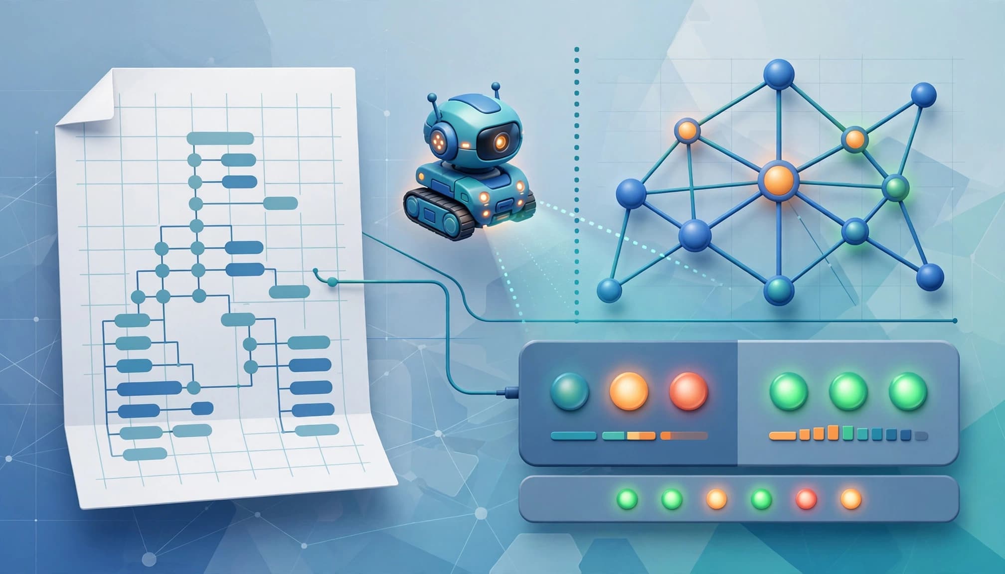 A crawler bot scans a sitemap and connected website nodes with colored status lights.