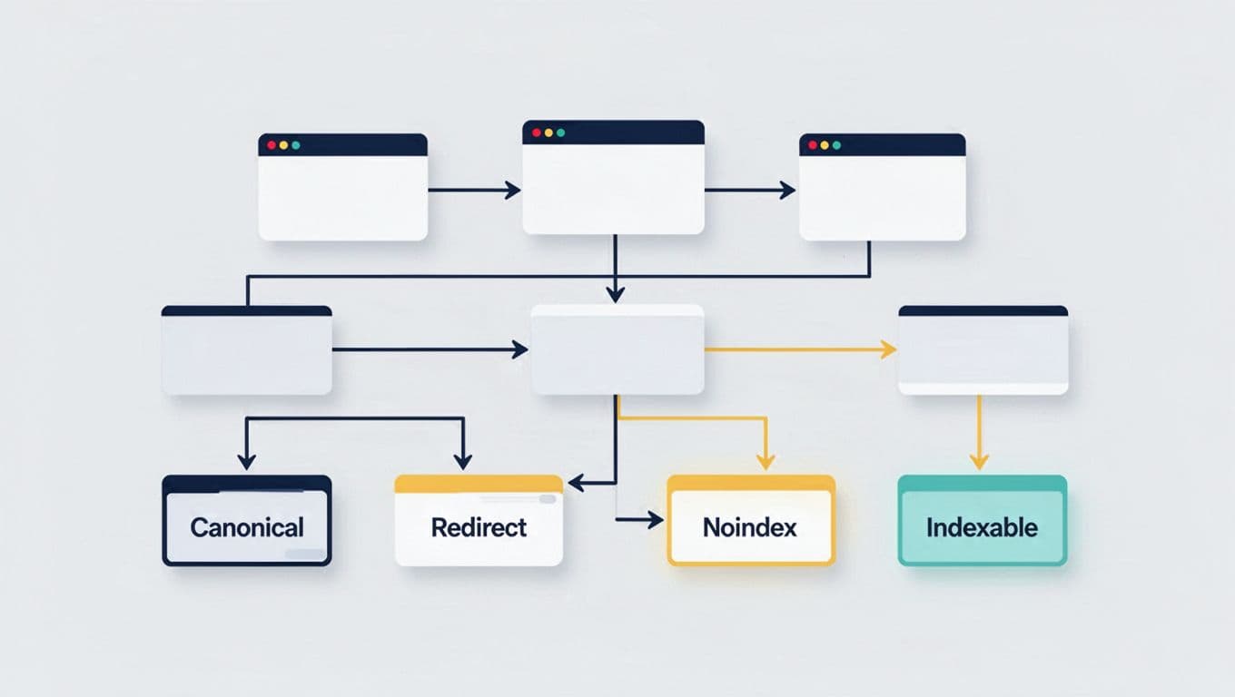Infographic showing SEO branches for canonical, redirect, noindex, and indexable pages.