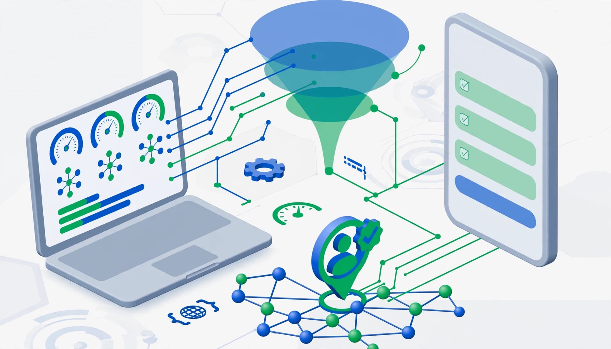 Laptop and phone connected by data lines leading from SEO metrics to a form and lead icon.