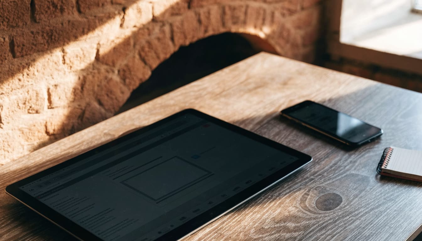 A tablet, phone, and notepad sit on a desk against a terracotta wall.