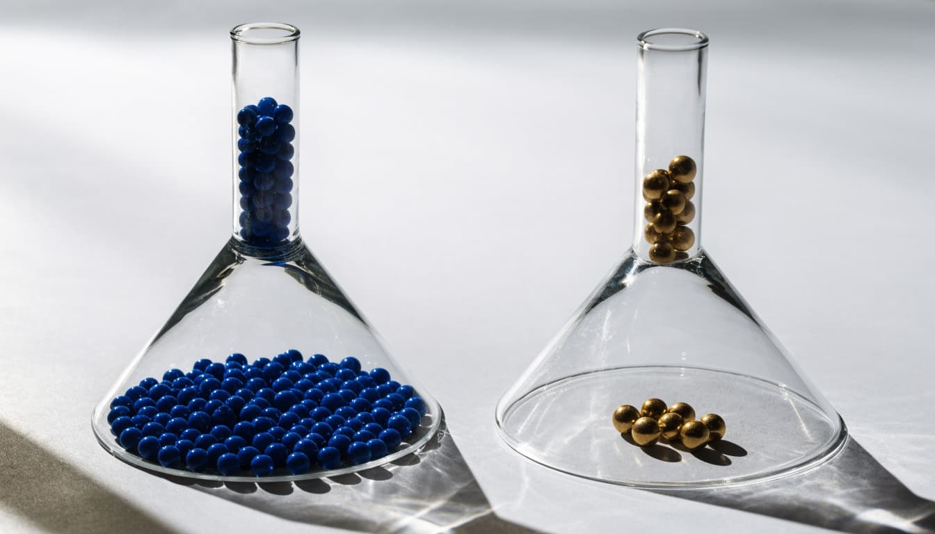 Two glass funnels compare many blue tokens with fewer gold tokens.