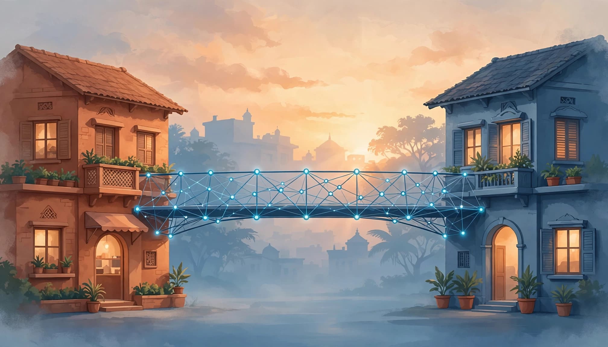 A data-point bridge connects two welcoming buildings in a warm Kolkata sunrise.