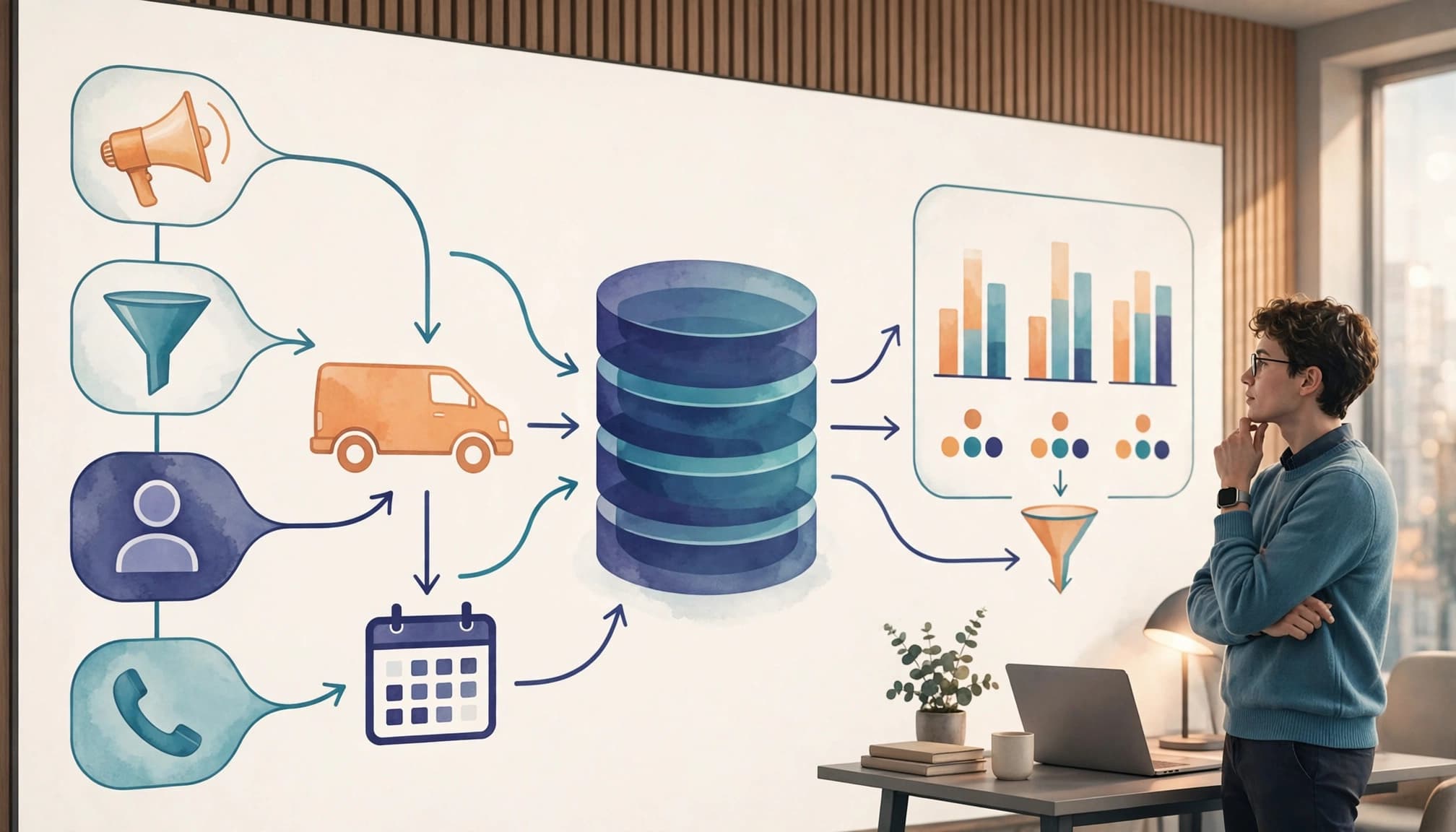 One analyst views connected customer data sources flowing into a central database.