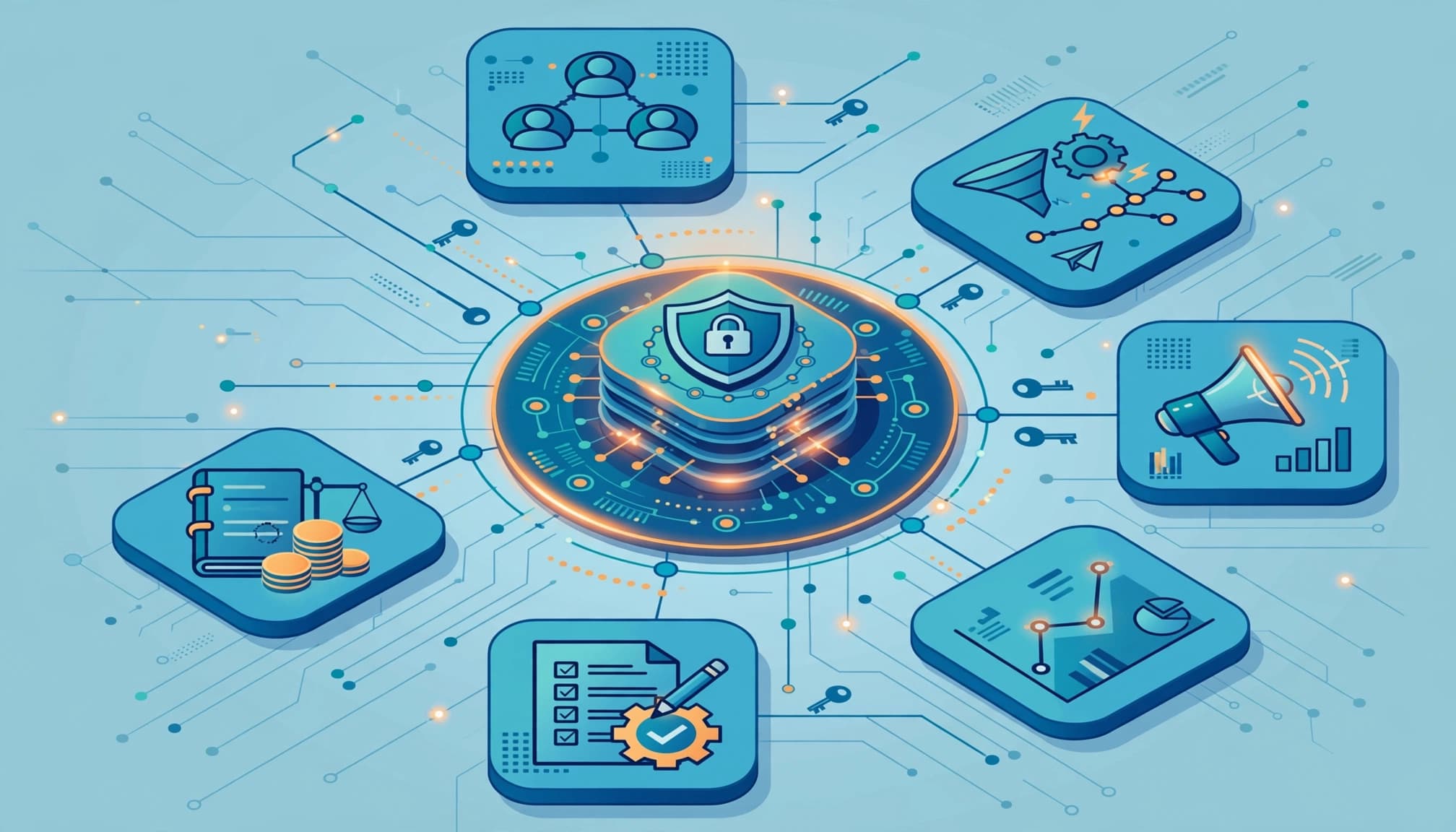 A central data hub links CRM, marketing, advertising, analytics, proposal, and finance systems.