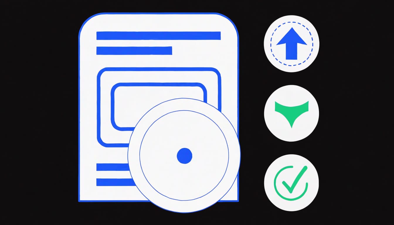 A blue page card sits beside three diagnostic icons in a clean interface.