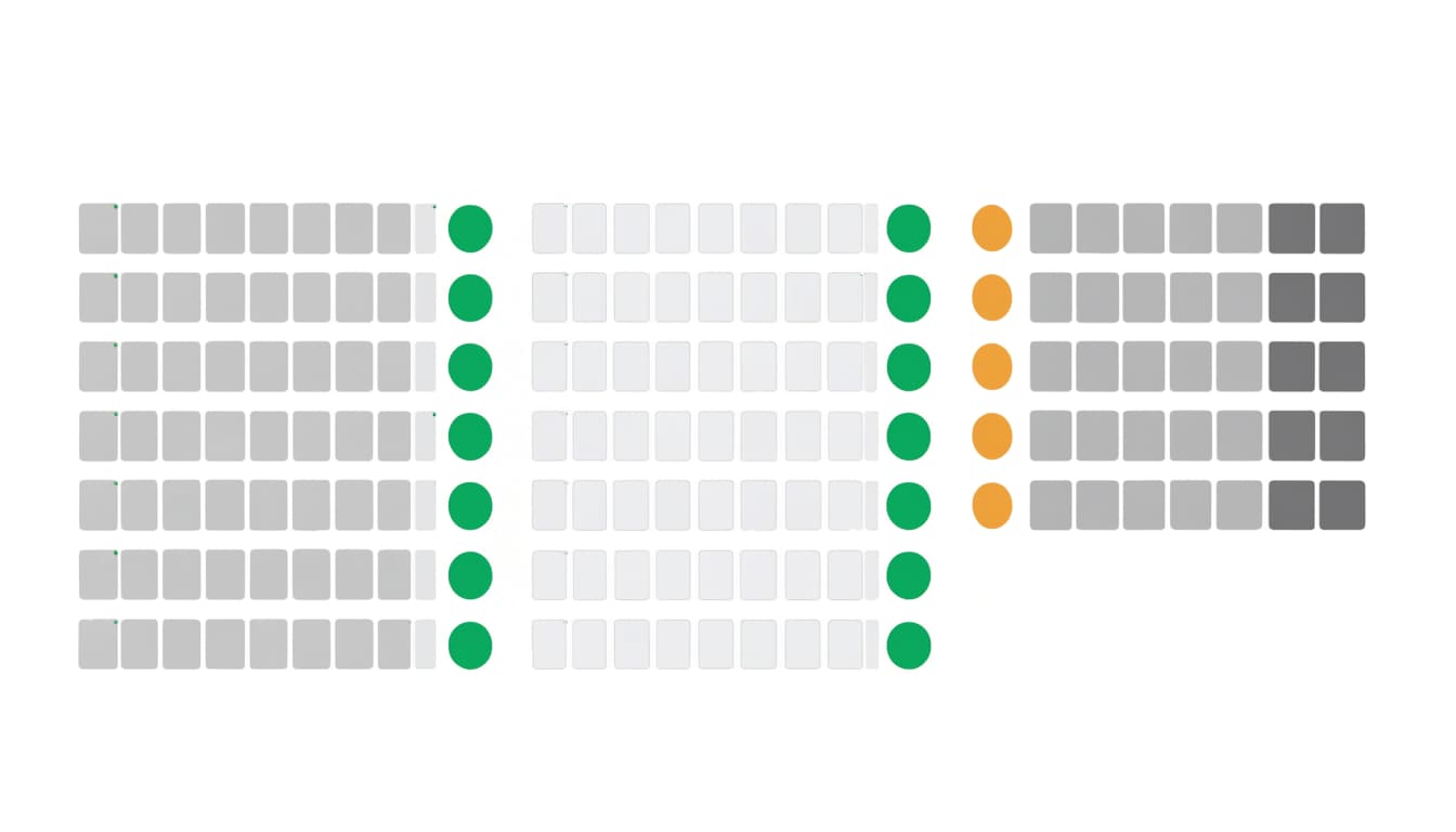 Blank page tiles sit in three groups with green and amber status dots.