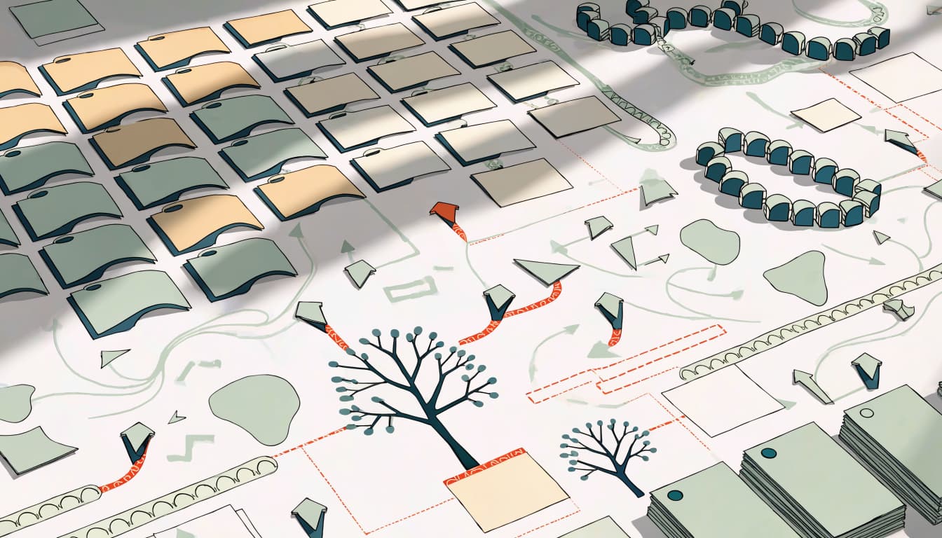 Paper cards branch into organic, paid, and referral source groups on a bright table.